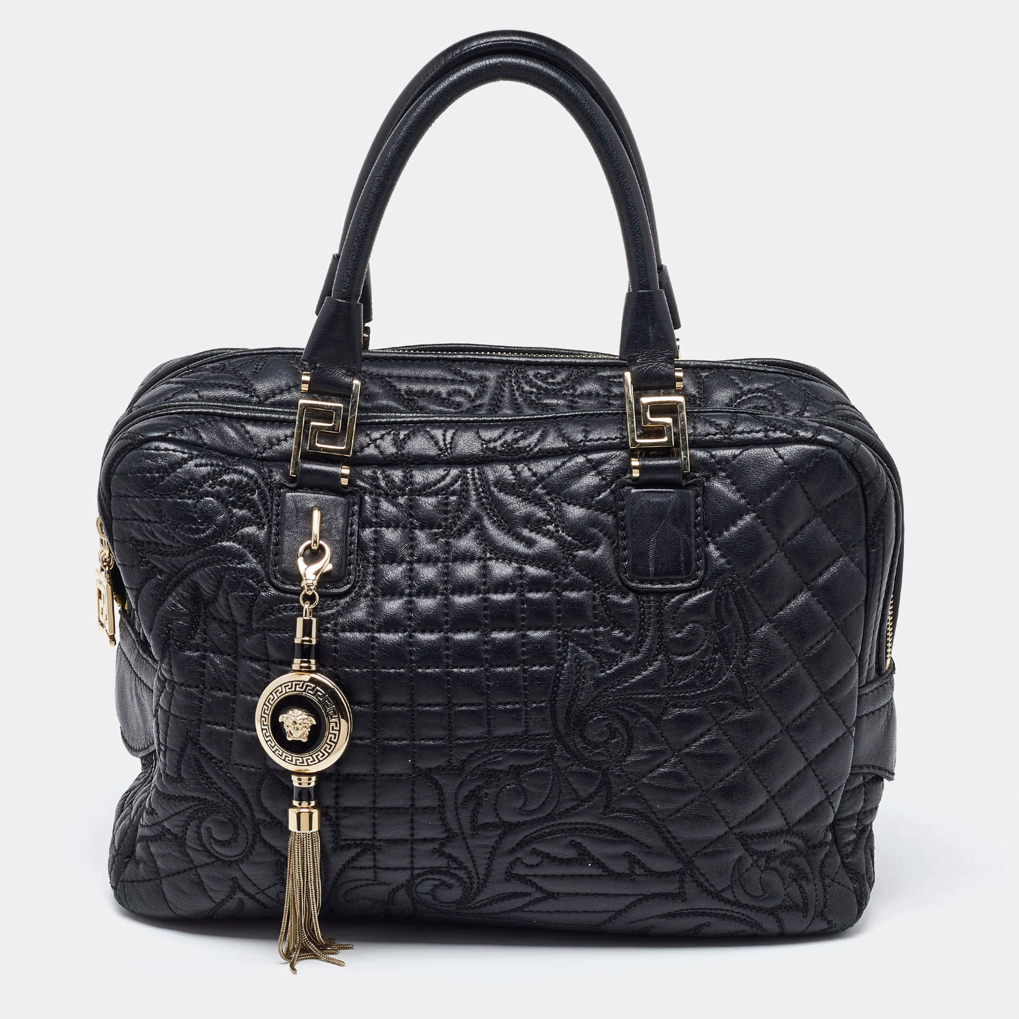Versace Black Baroque Embossed Leather Demetra Vanitas Satchel