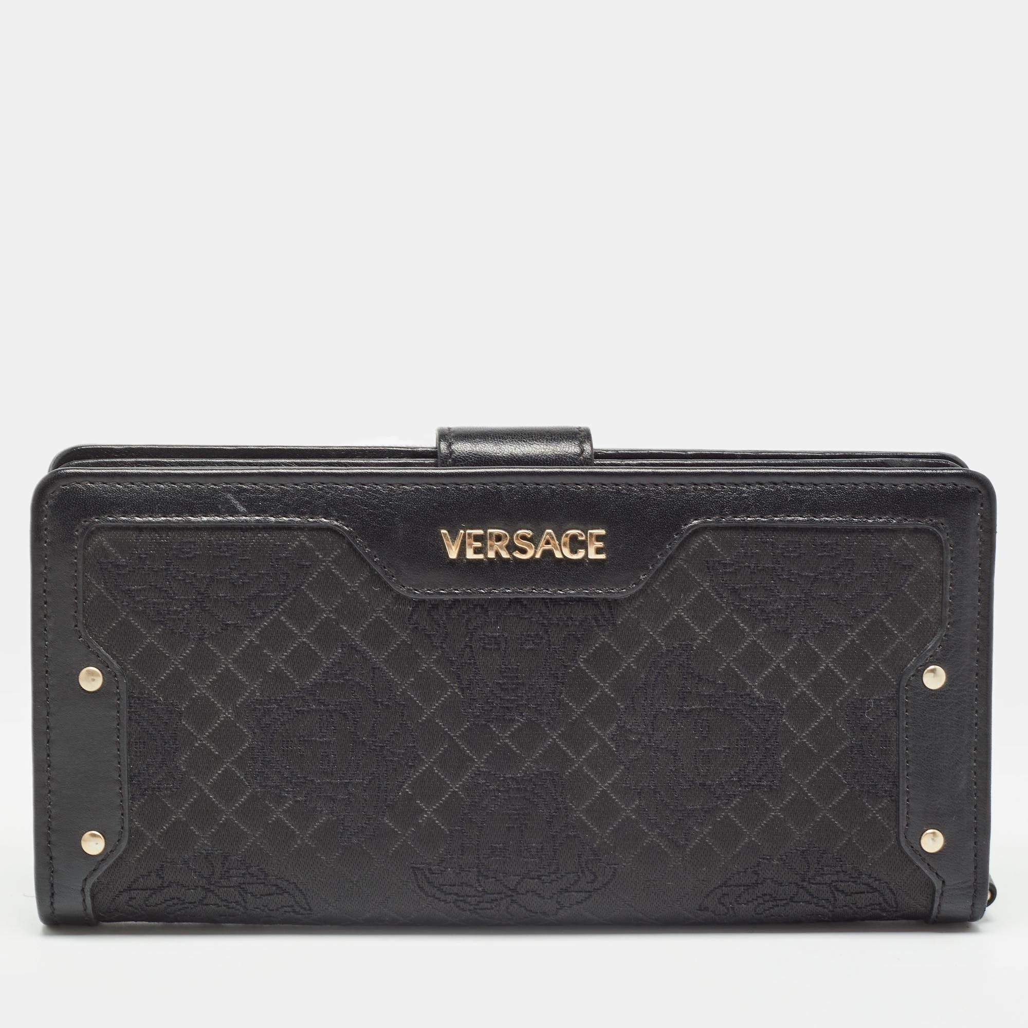 Pre Owned Versace Black Canvas and Leather Medusa Continental Flap Wallet