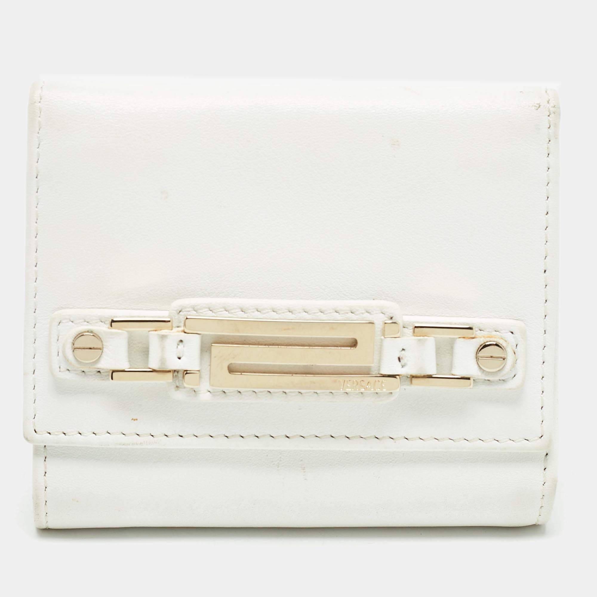 Versace White Leather Trifold Compact Wallet