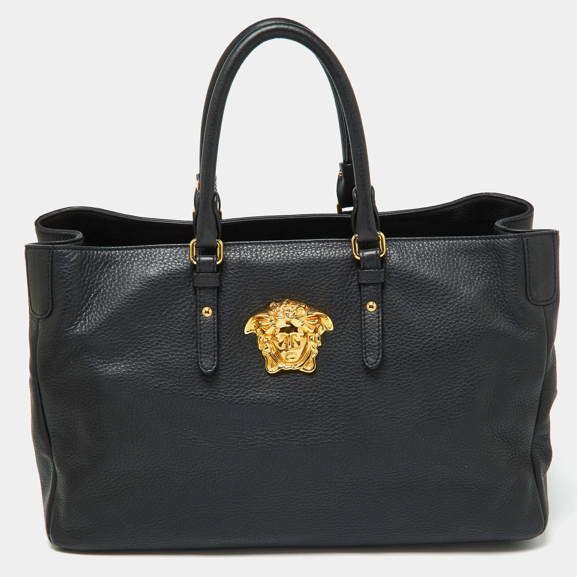 Pre Owned Versace Black Leather La Medusa Shopper Tote