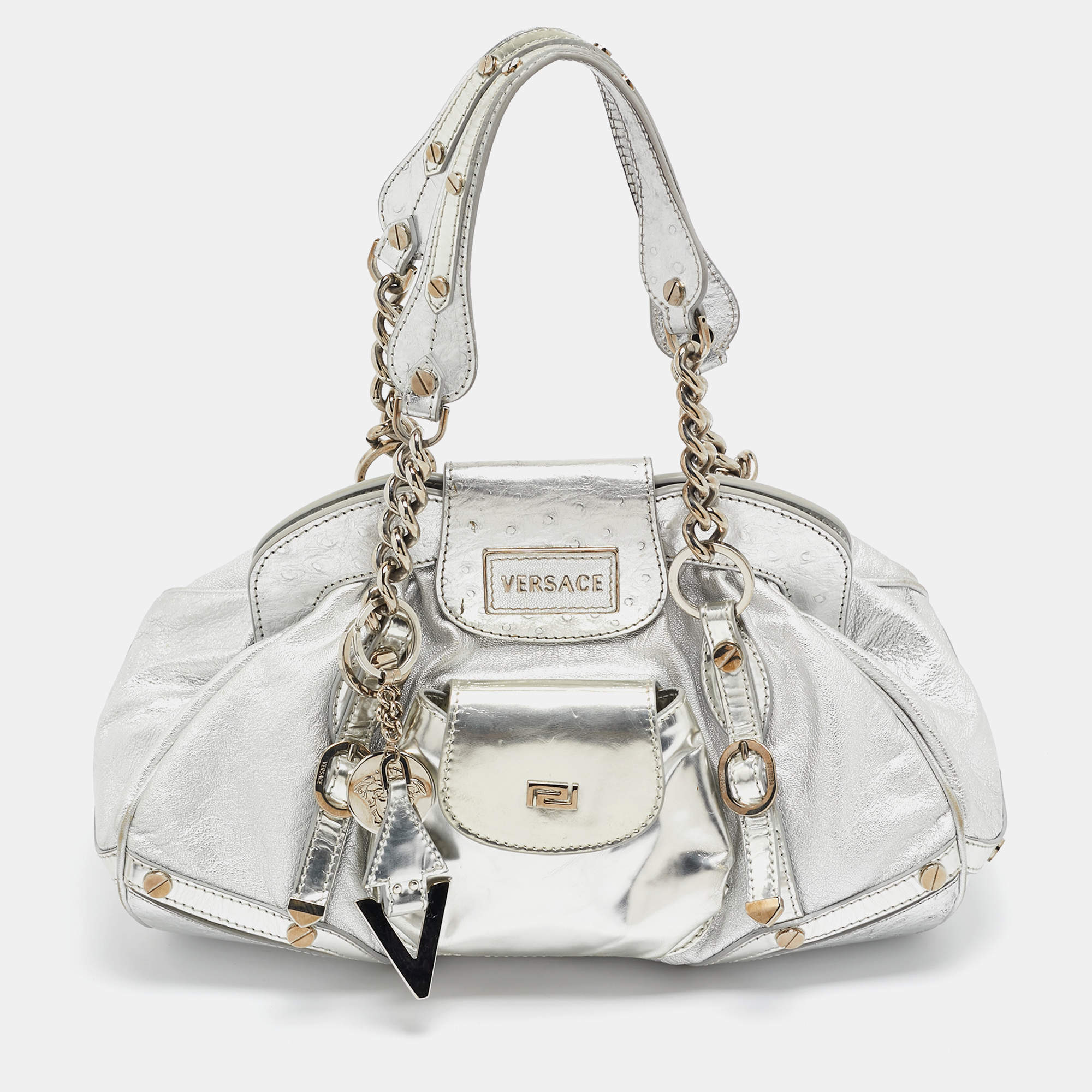 Versace Silver Ostrich Embossed, Patent and Leather Chain Link Satchel