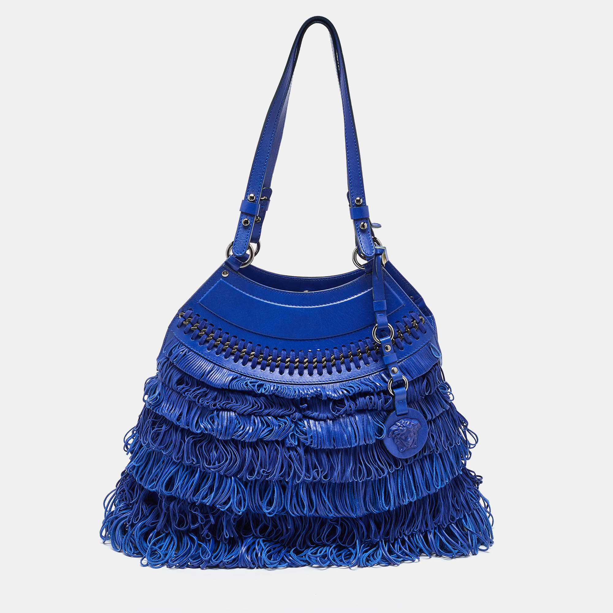 Versace Blue Leather Fringe Shoulder Bag