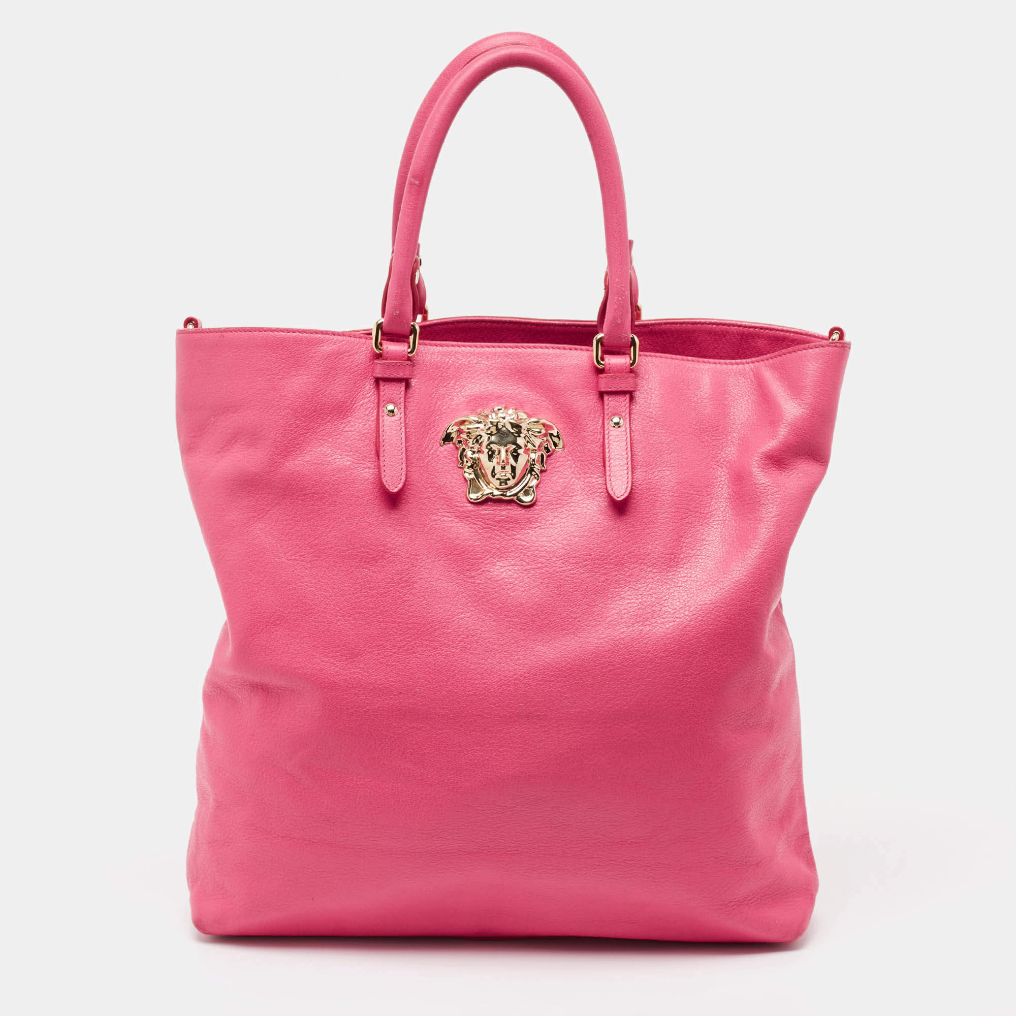 Versace Neon Pink Leather Palazzo Medusa Vertical Tote
