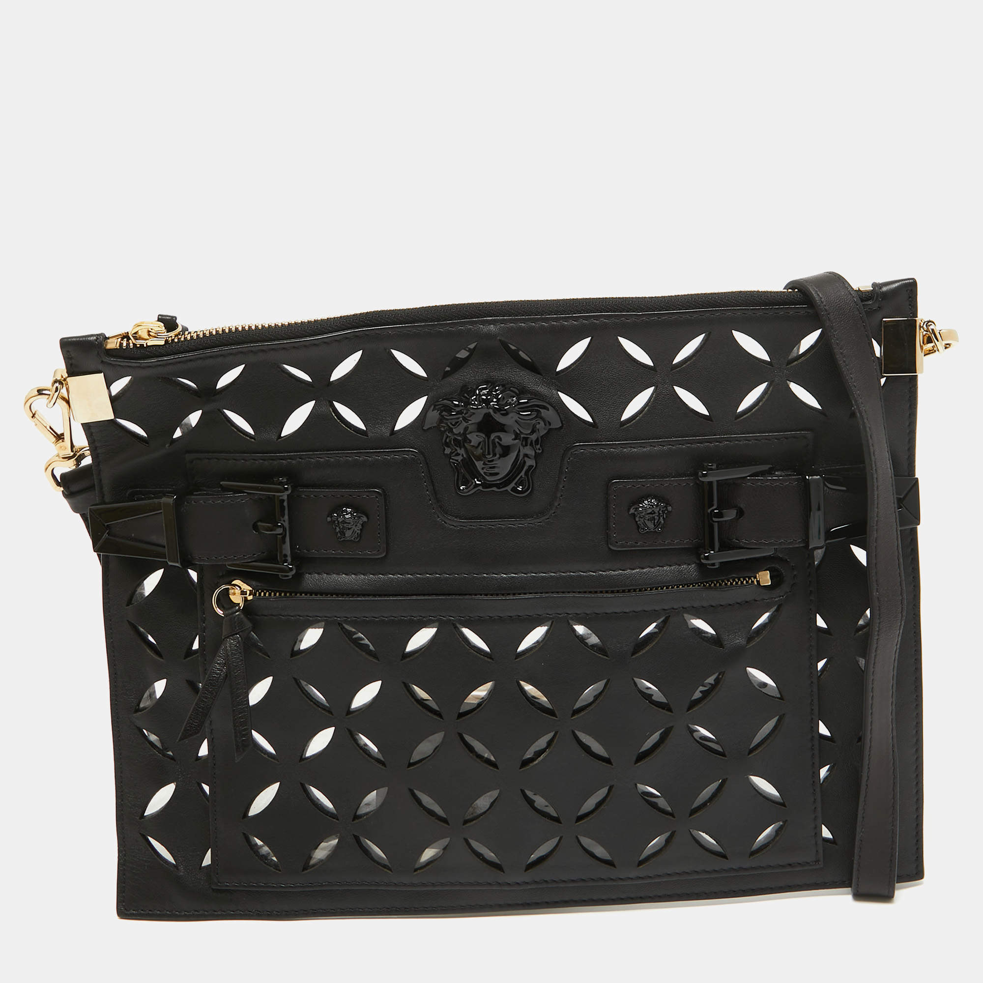 Versace Black Lasecut Leather and PVC Medusa Shoulder Bag