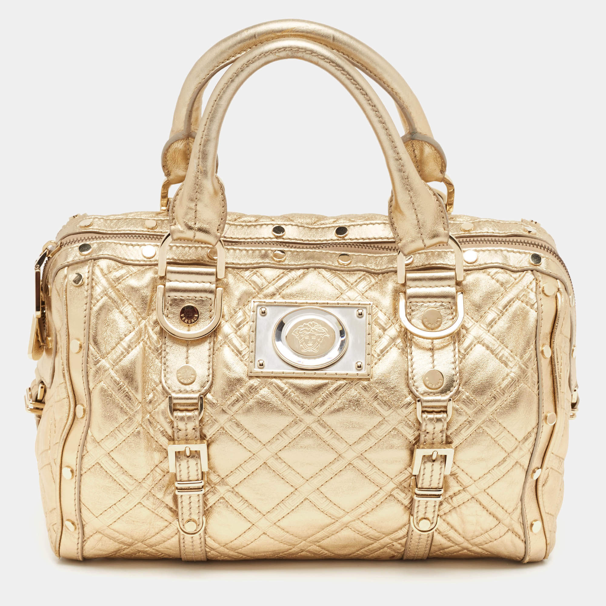 Pre Owned Versace Gold Quilted Leather Studded Medusa Head Boston Bag