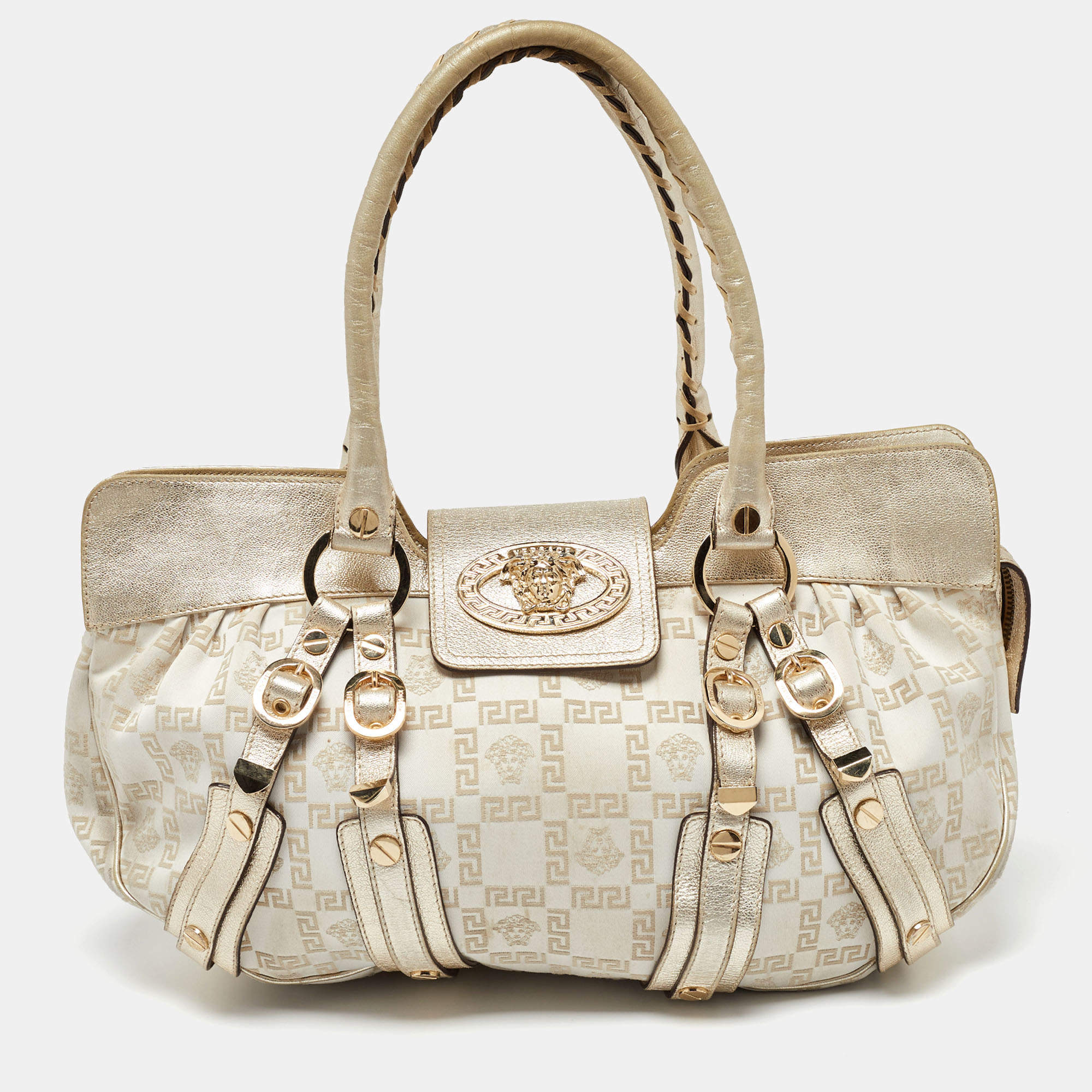 Versace Beige/Gold Signature Canvas and Leather Medussa Buckle Satchel