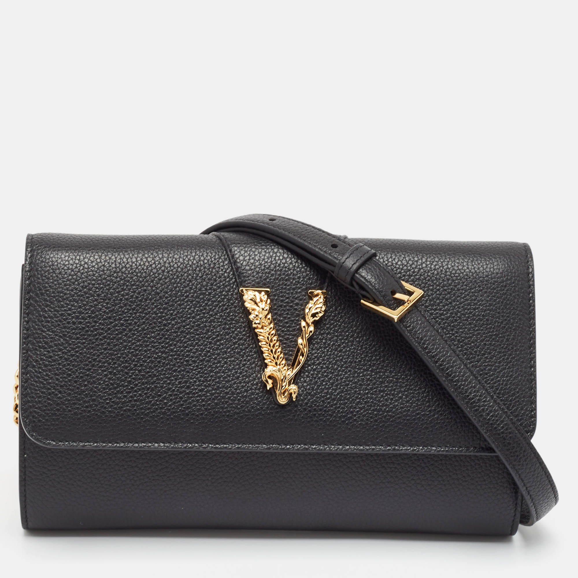Pre Owned Versace Black Leather Virtus Clutch Bag