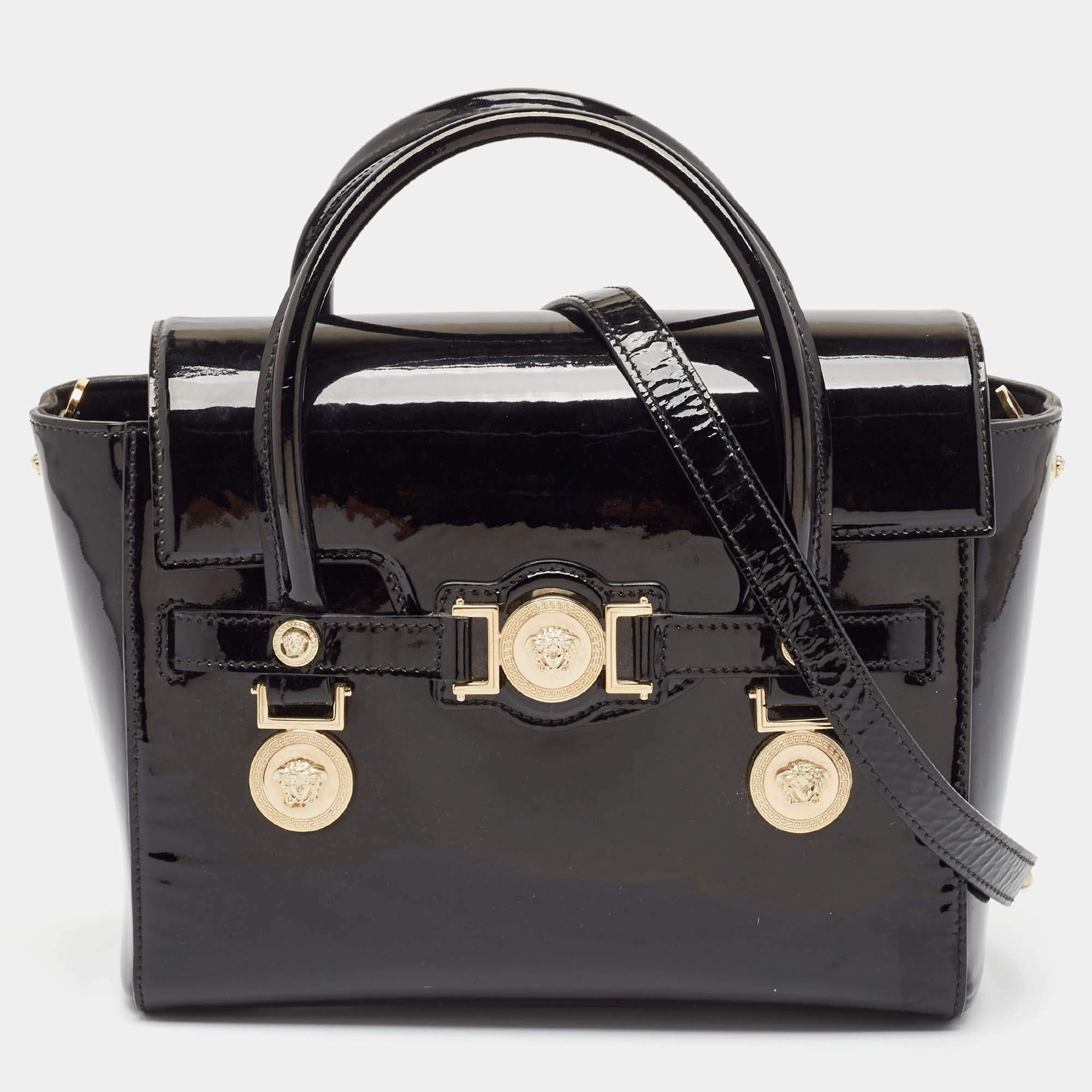 Pre Owned Versace Black Patent Leather Medium Medusa Medallion Tote