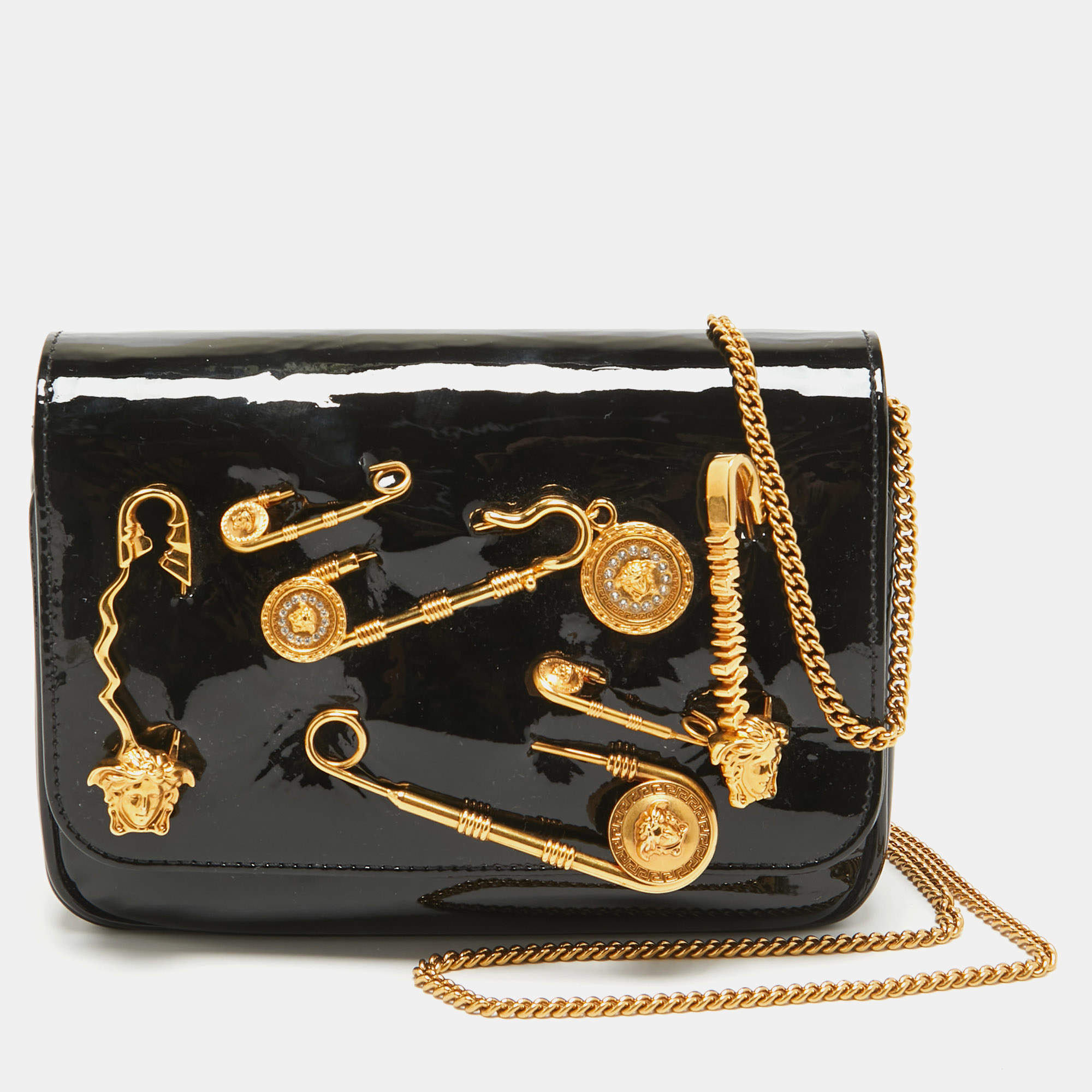 Pre Owned Versace Black Patent Leather Safety Pin Flap Chain Crossbody Bag