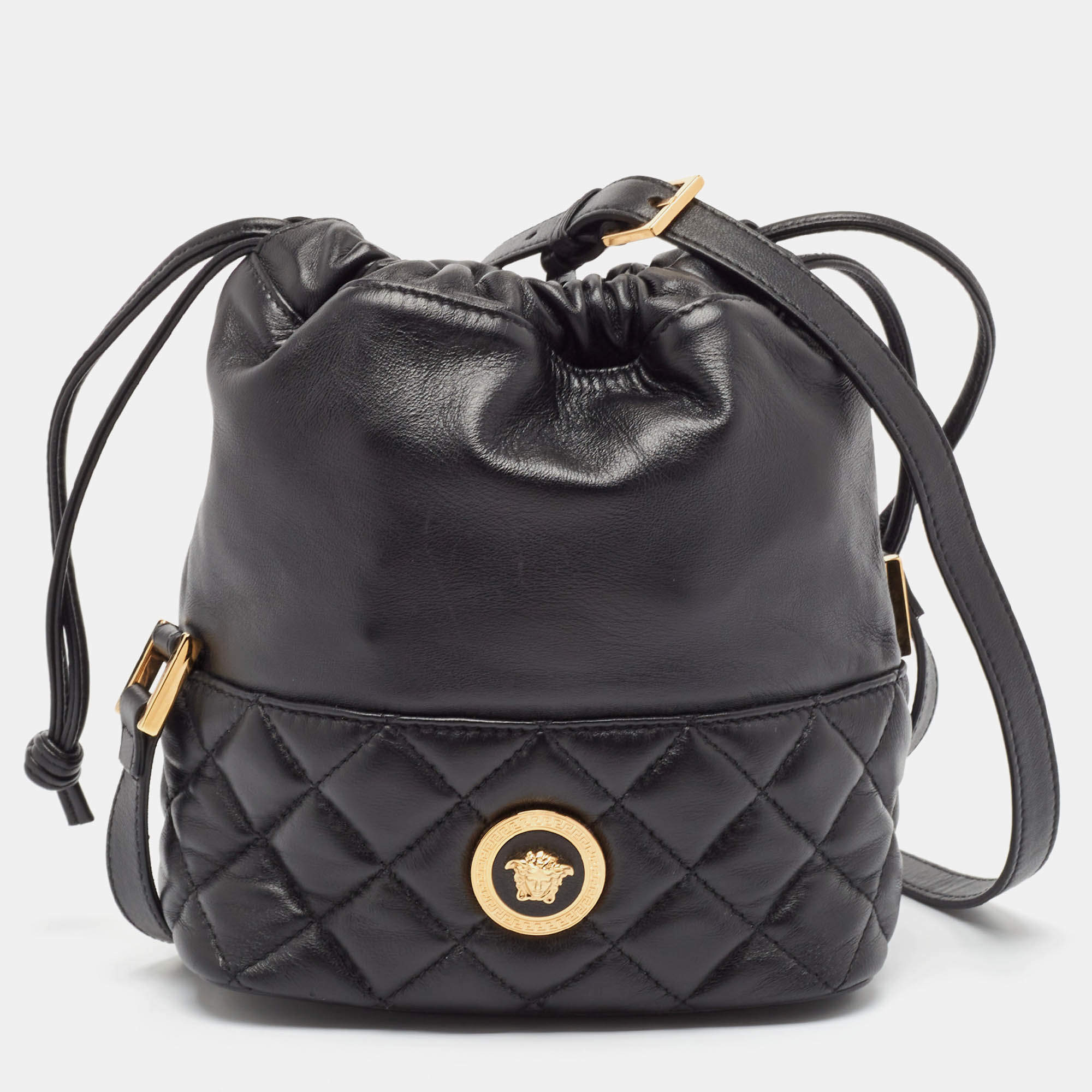 Pre Owned Versace Black Quilted Leather Medusa Drawstring Bucket Bag