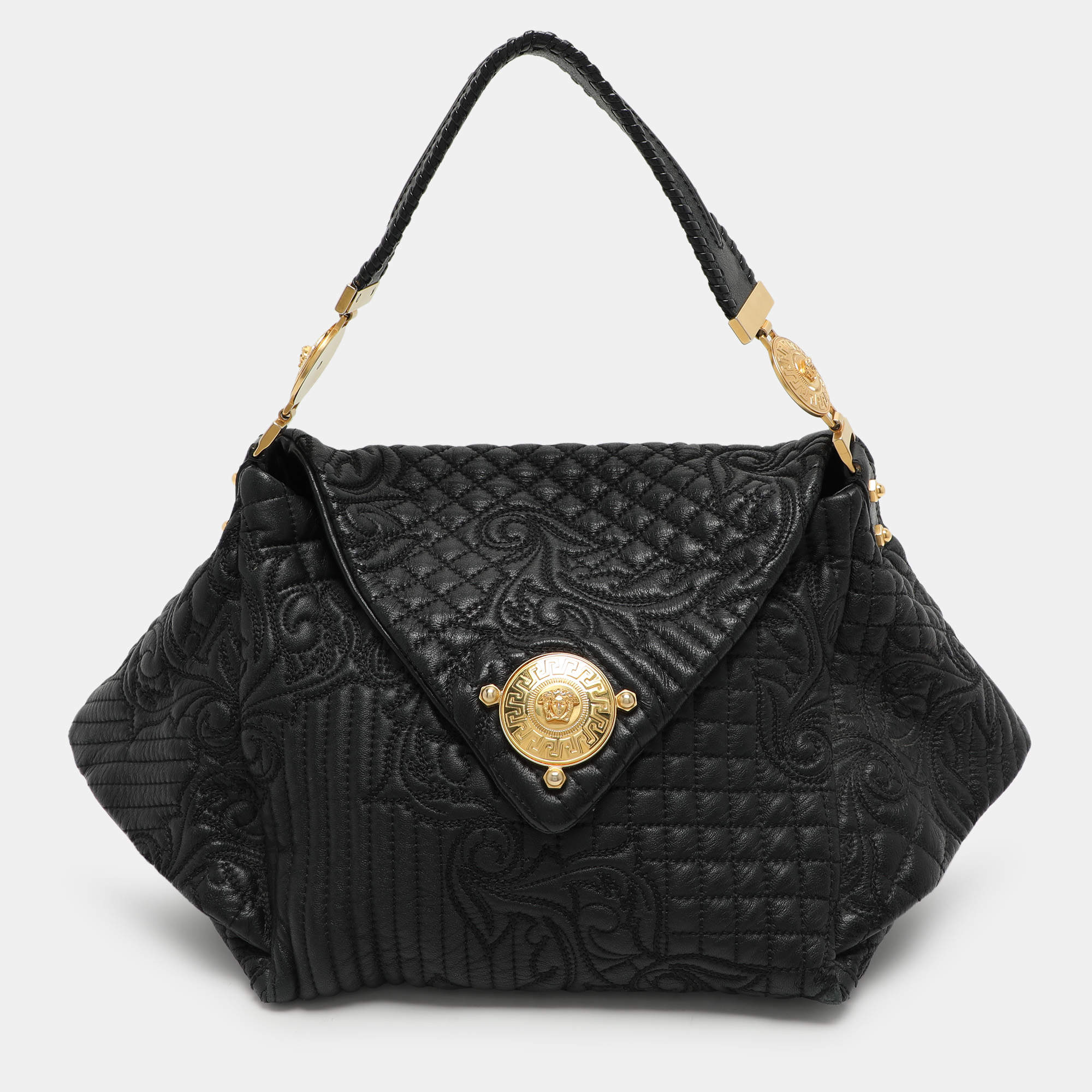 مملوكة مسبقًا Versace Black Quilted Leather Embroidered Barocco Shoulder Bag