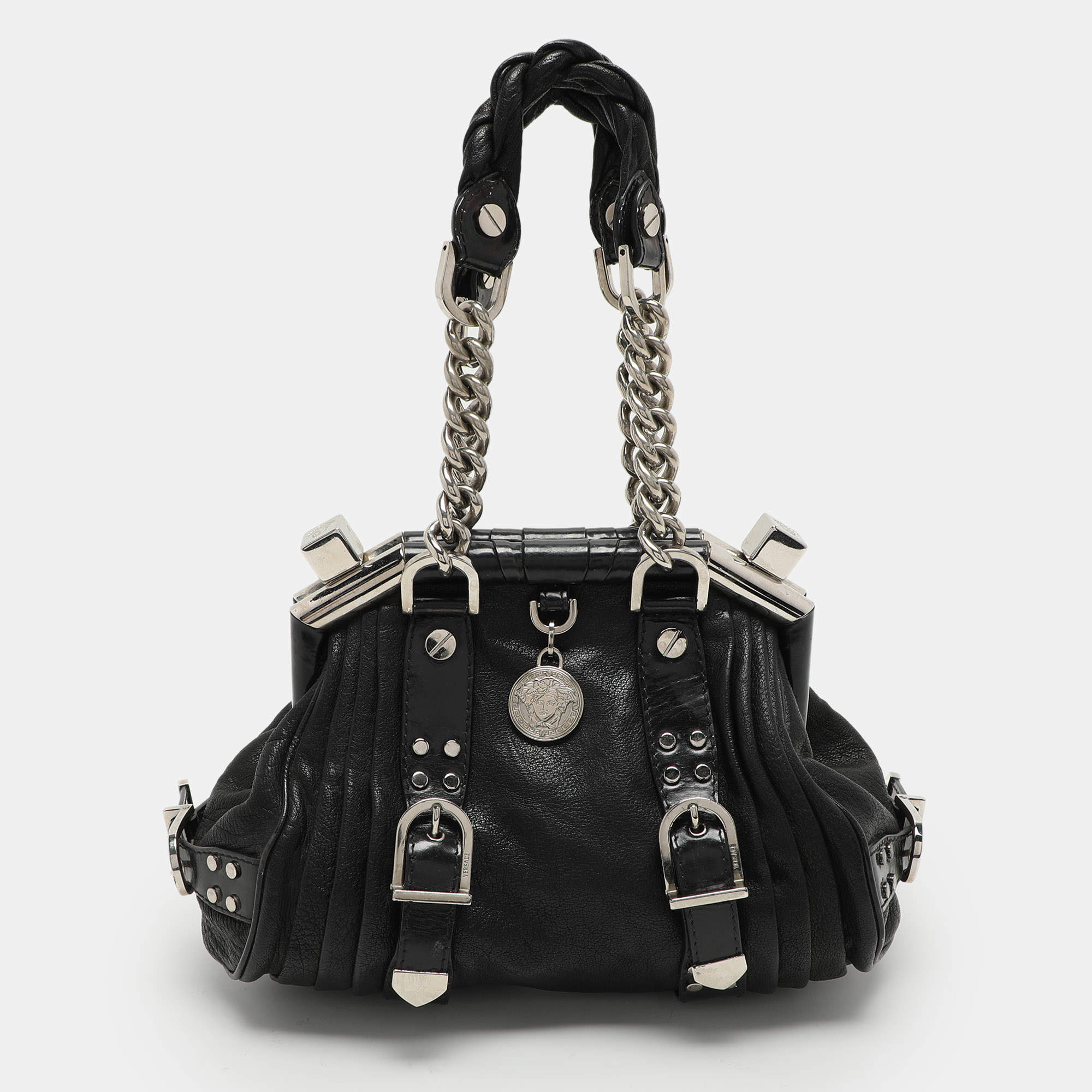 Versace Black Leather Chain Embellished Satchel