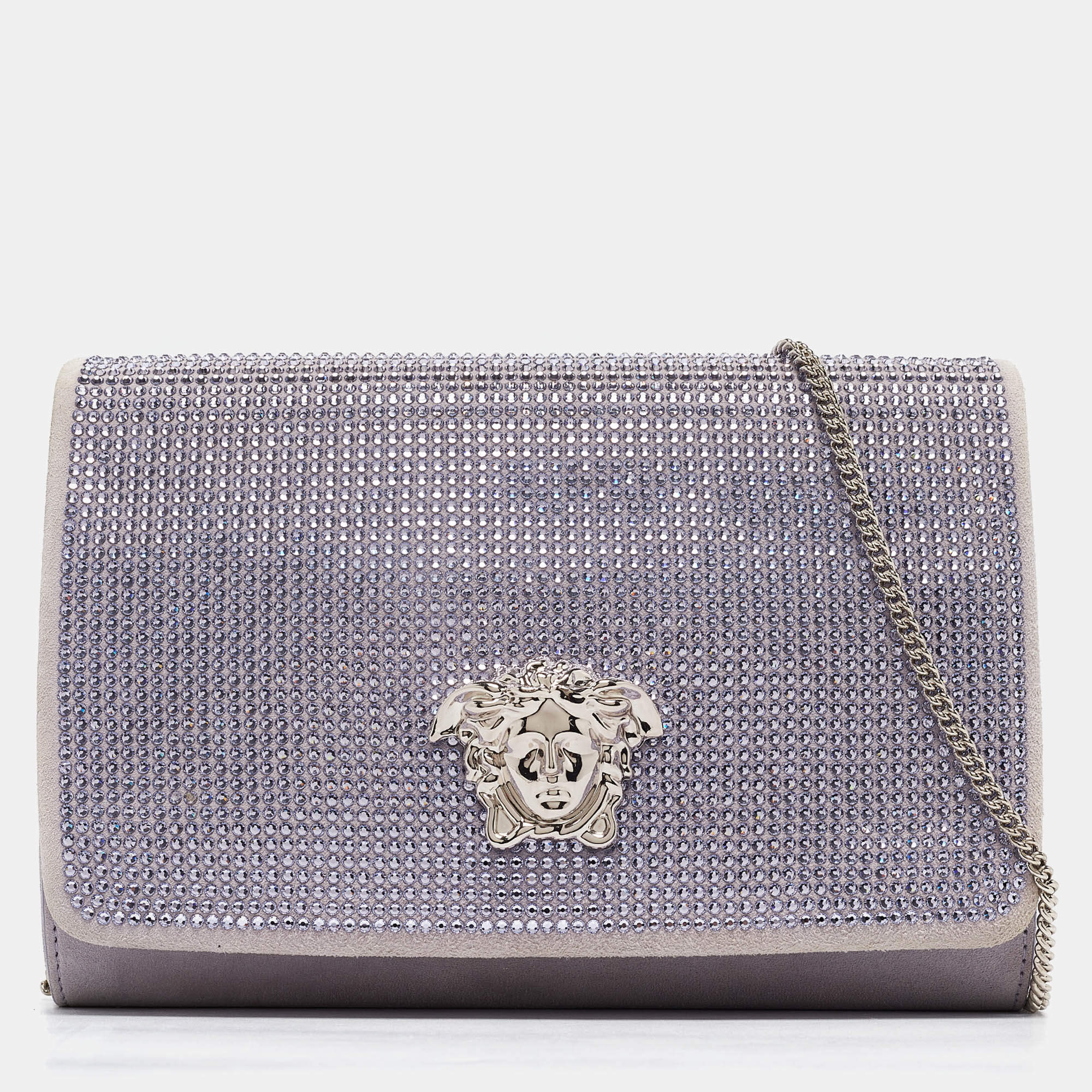 Pre Owned Versace Lavender Suede Crystal Embellished Palazzo Medusa Chain Clutch