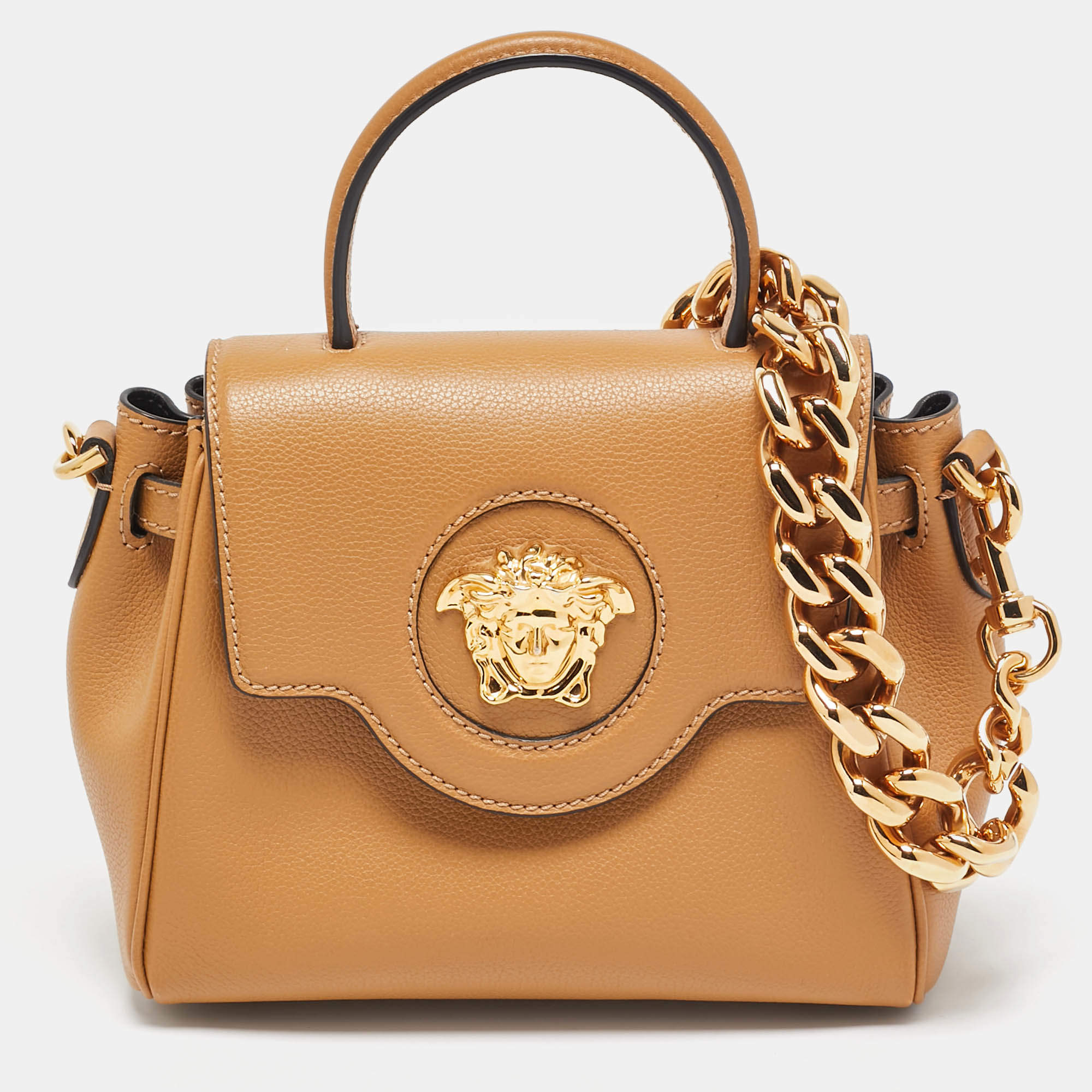 Versace Brown Leather Mini La Medusa Top Handle Bag