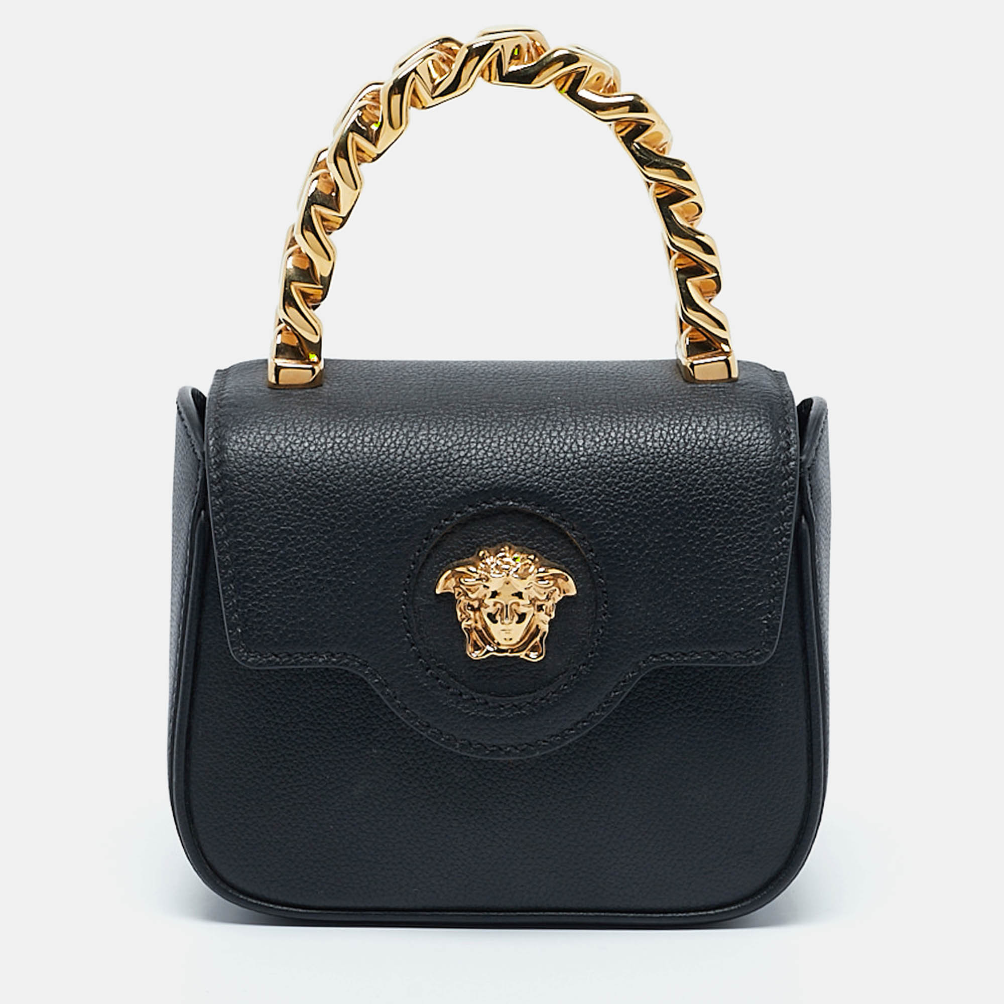 Versace Black Leather Mini La Medusa Top Handle Bag
