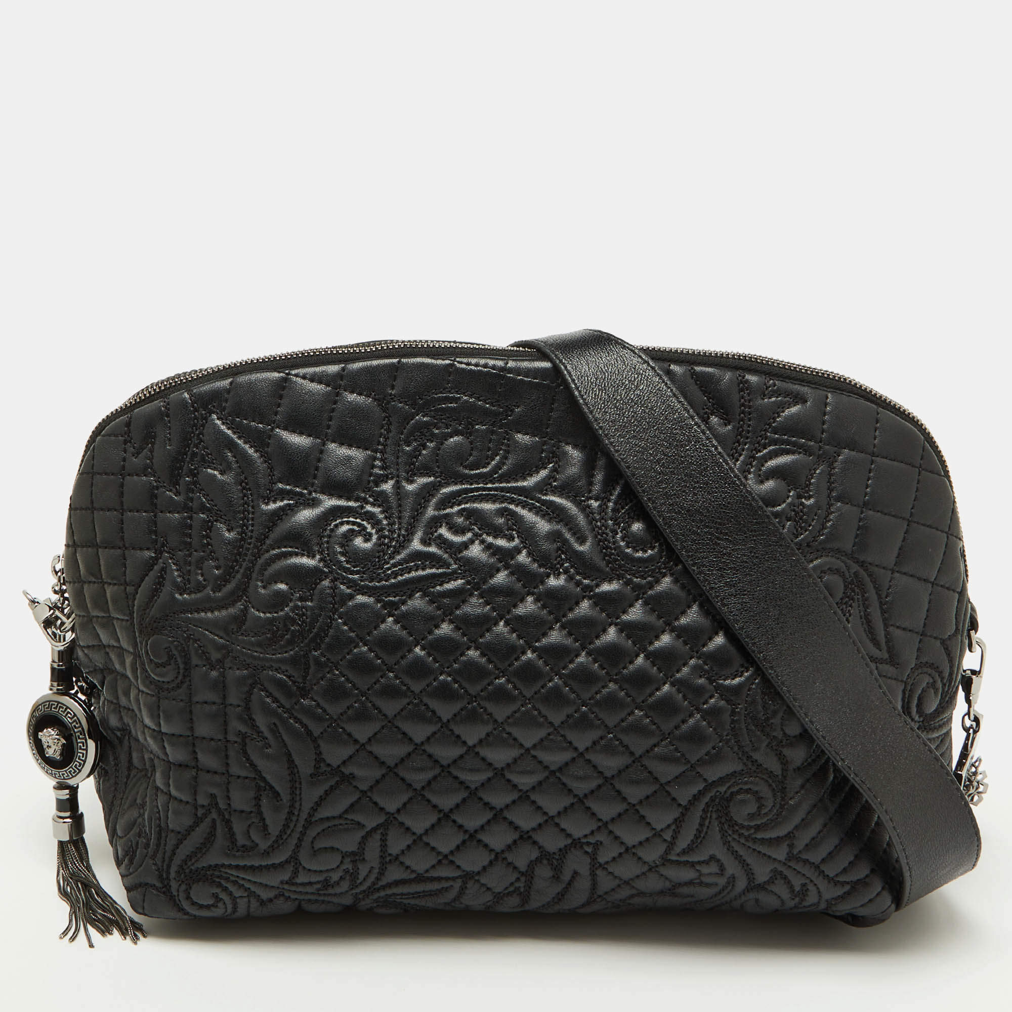 Versace Black Leather Quilted Embroidered Zip Satchel