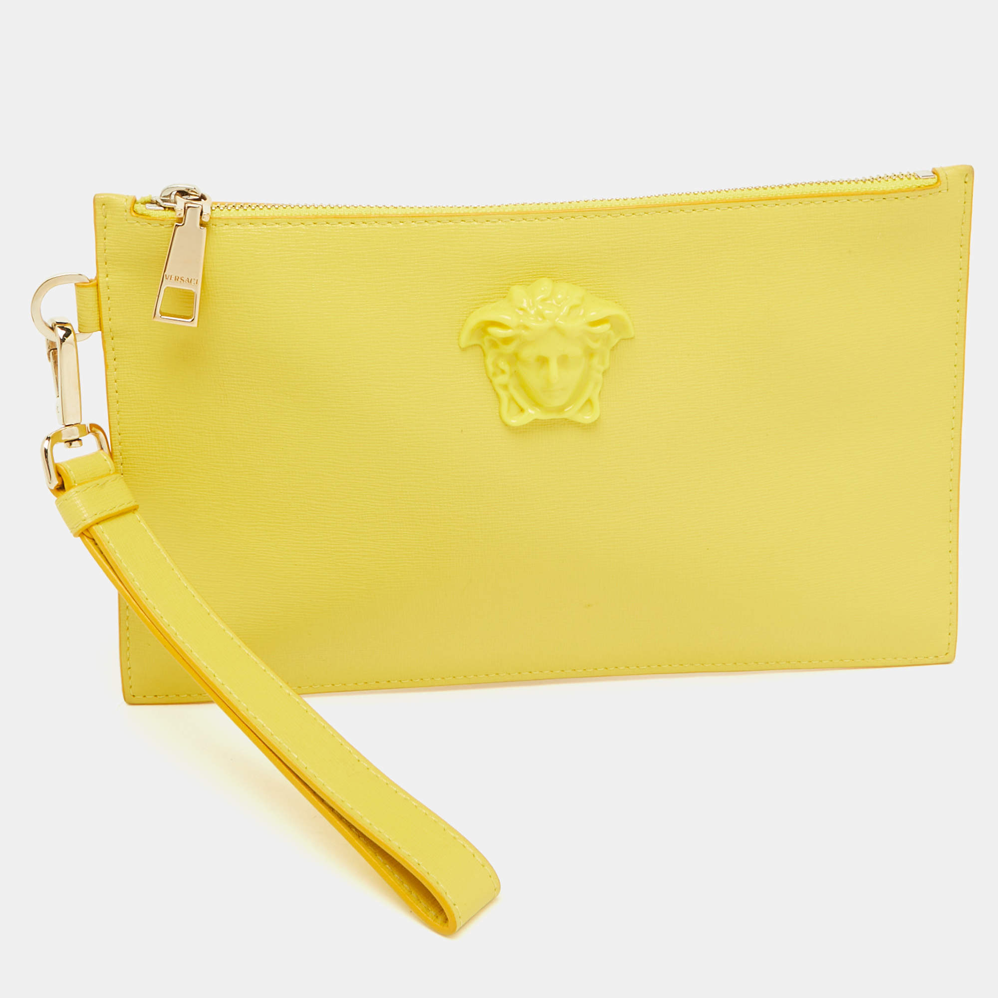 Versace Yellow Leather La Medusa Wristlet Zip Pouch