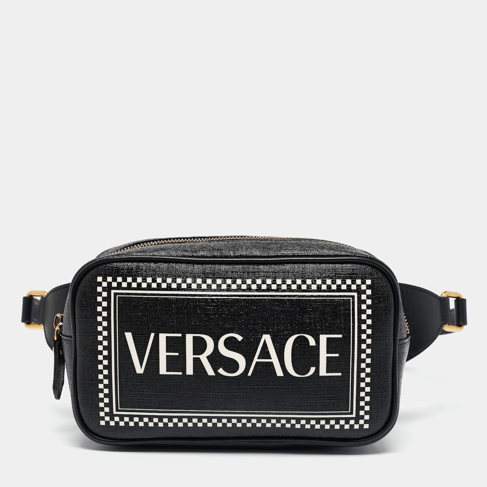 Pre Owned Versace Black Leather Logo Print Belt Bag