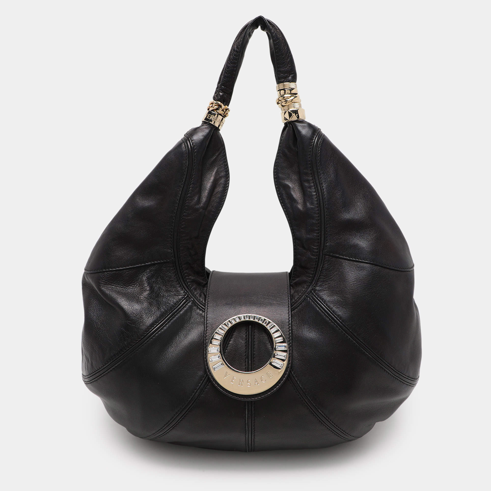 Versace Black Leather Crystal Embellished Flap Hobo