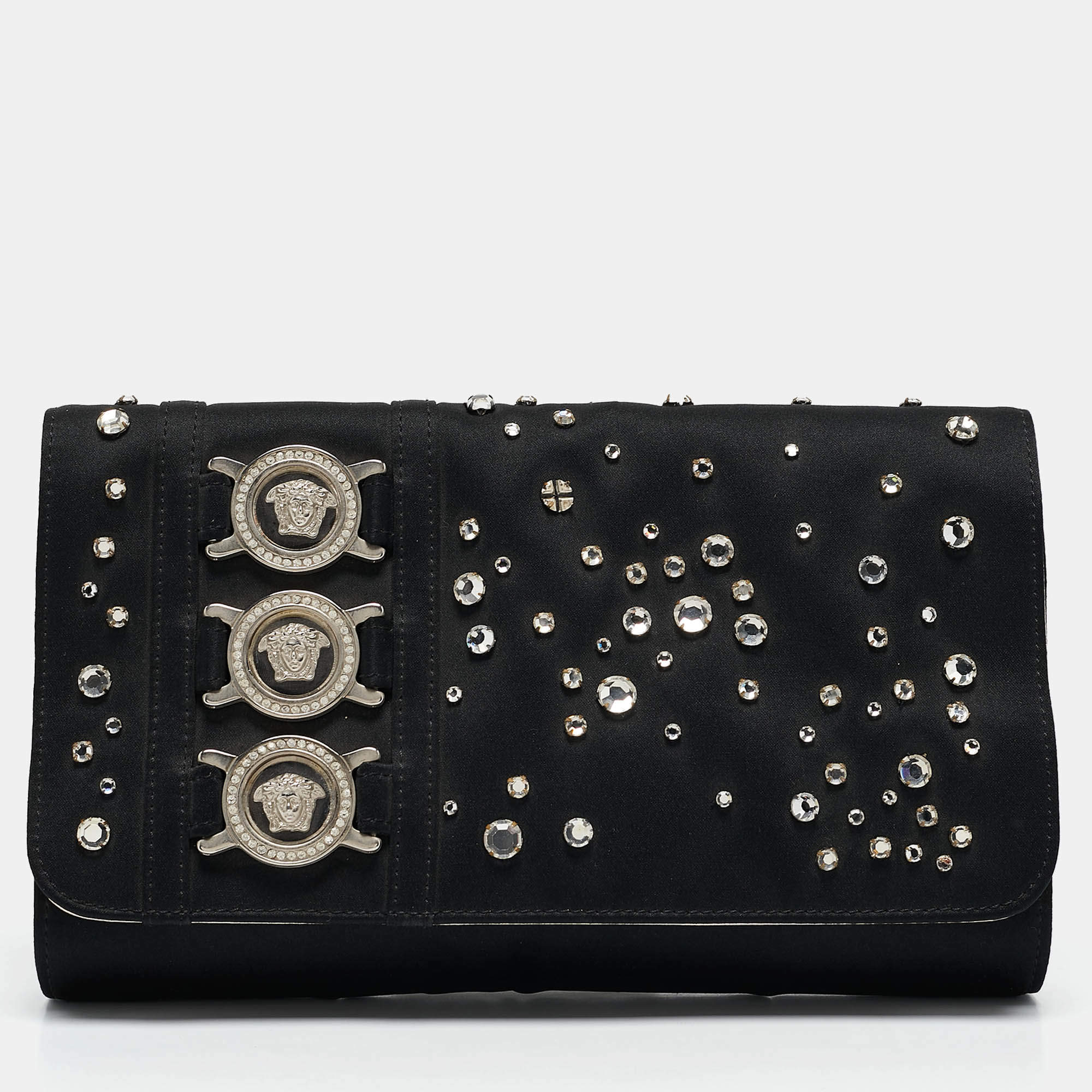 Pre Owned Versace Black Satin Studded Crystals Medusa Logo Clutch