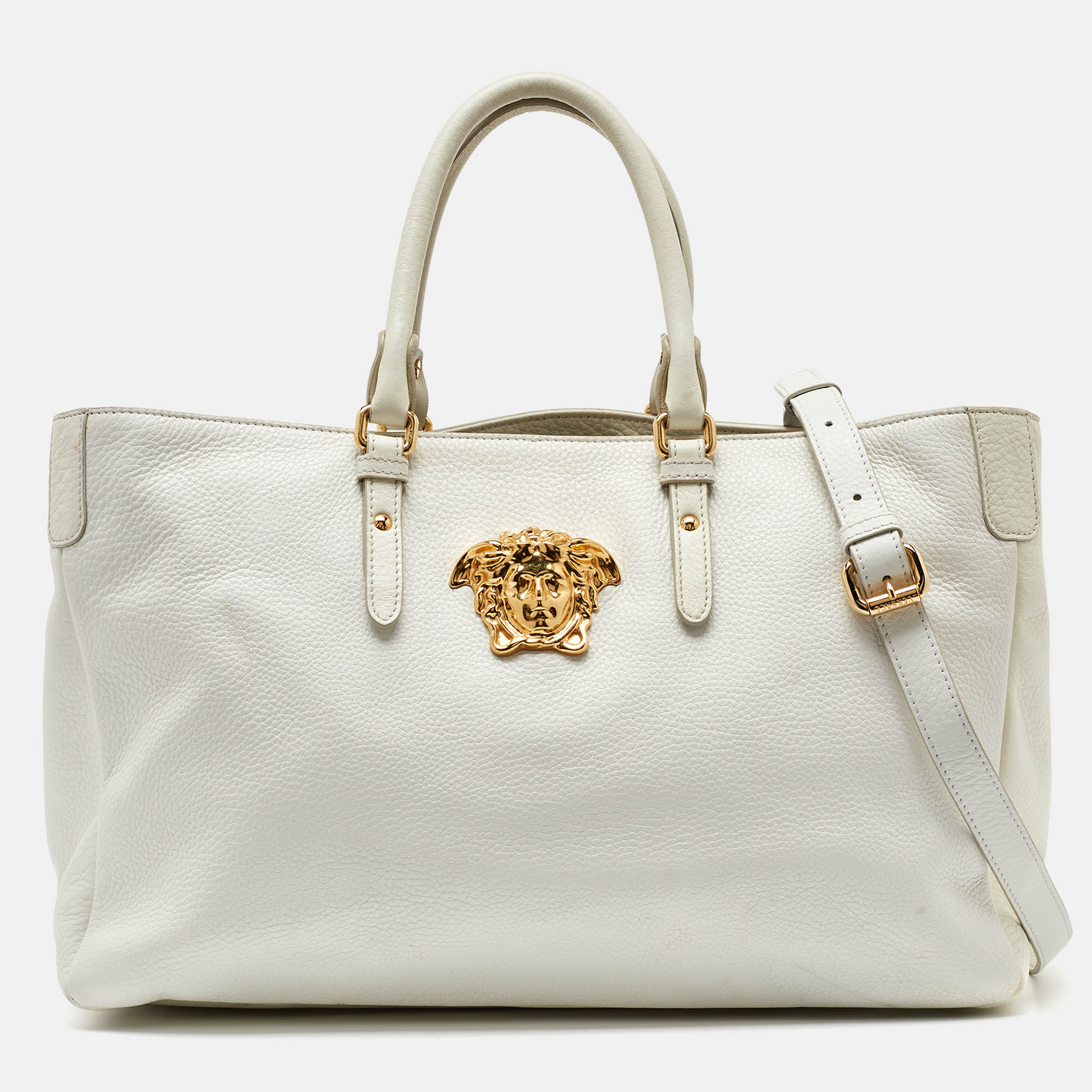 Pre Owned Versace White Leather La Medusa Shopper Tote