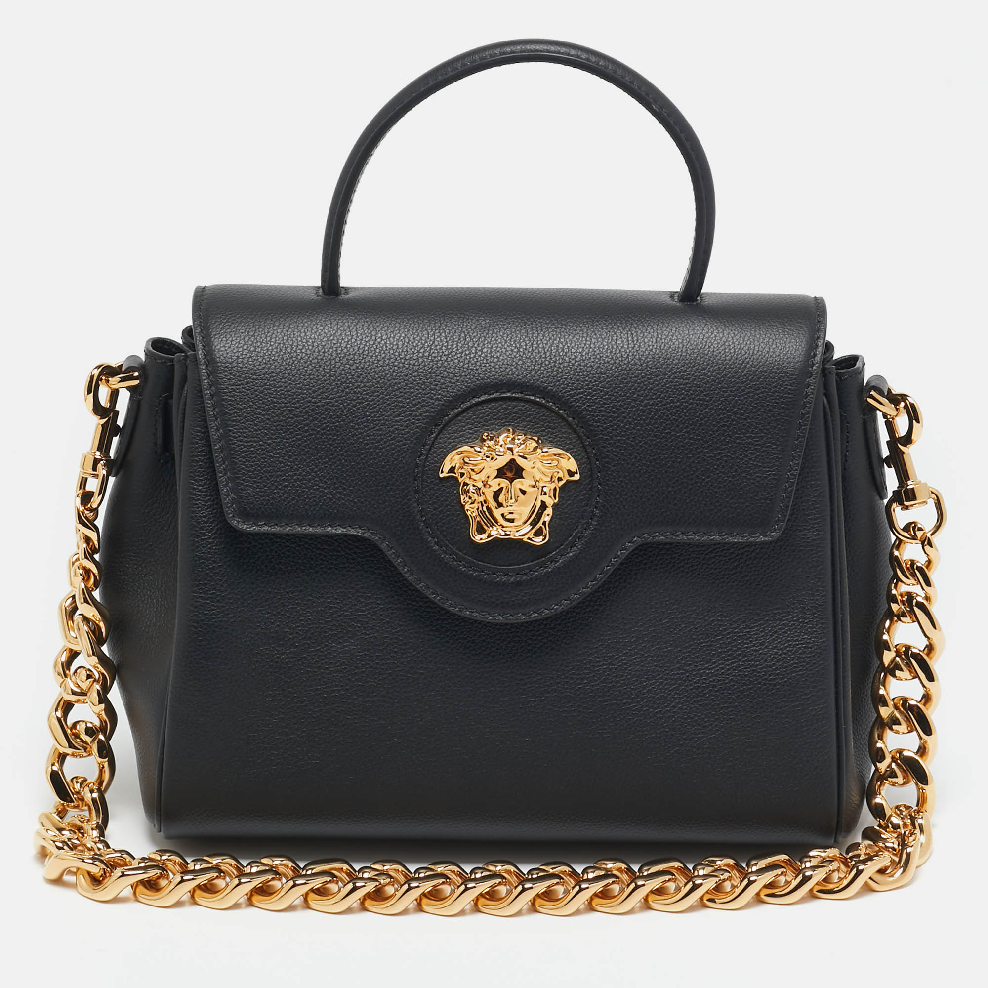 Pre Owned Versace Black Leather La Medusa Top Handle Bag
