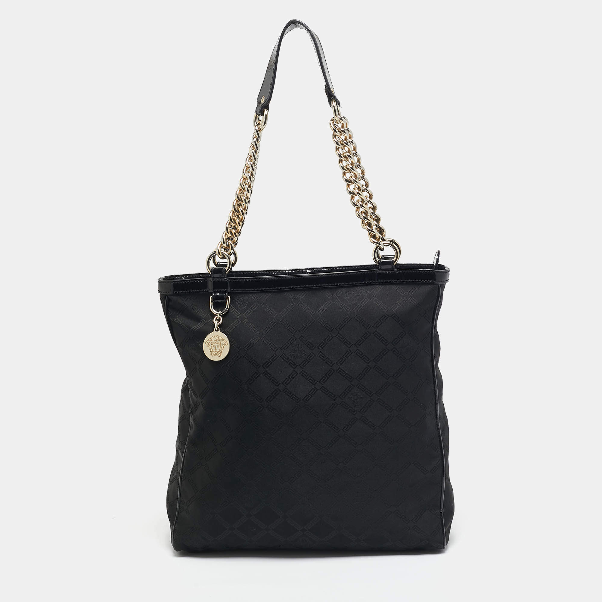 Versace Black Signature Fabric and Patent Leather Chain Tote