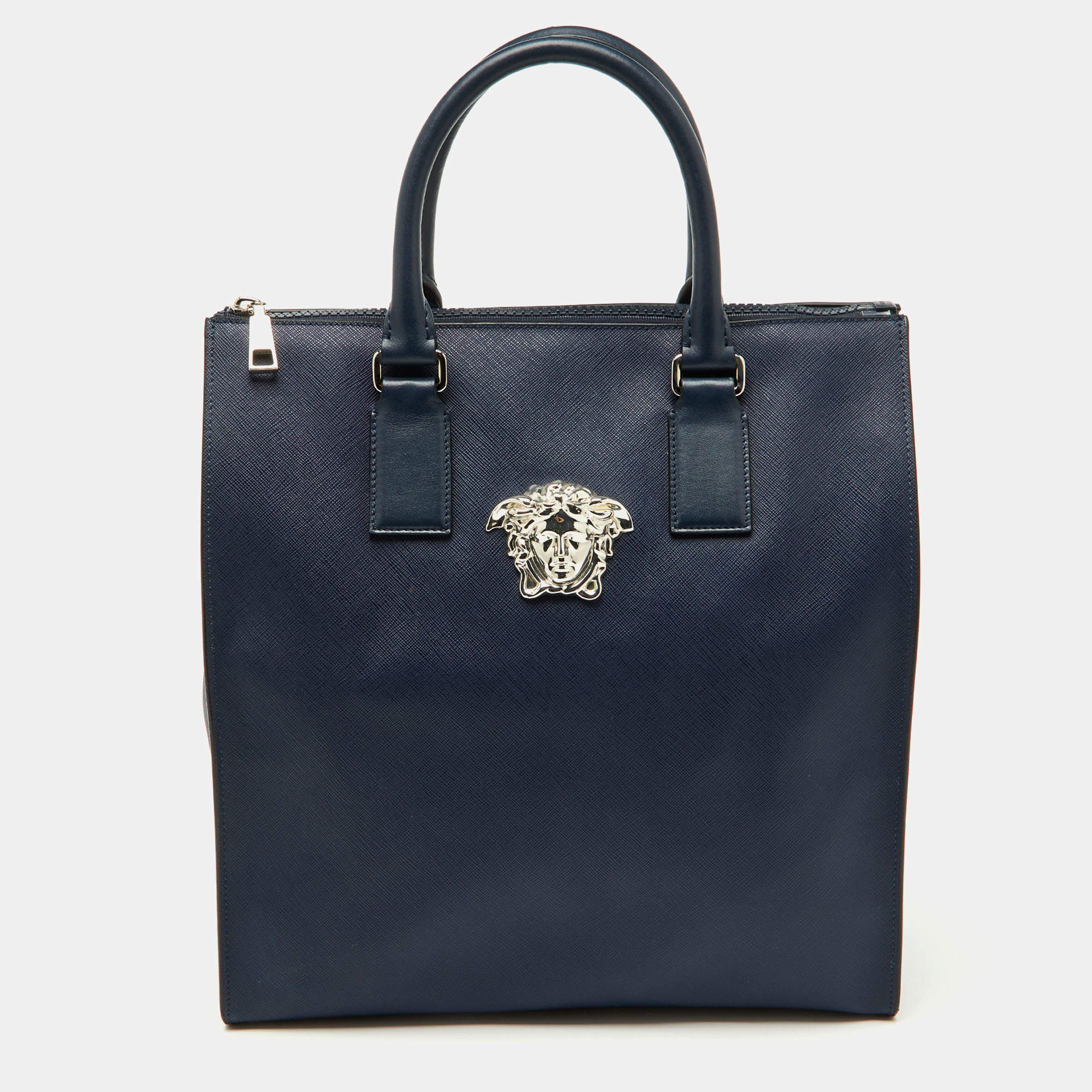 Pre Owned Versace Navy Blue Saffiano Leather La Medusa Shopper Tote