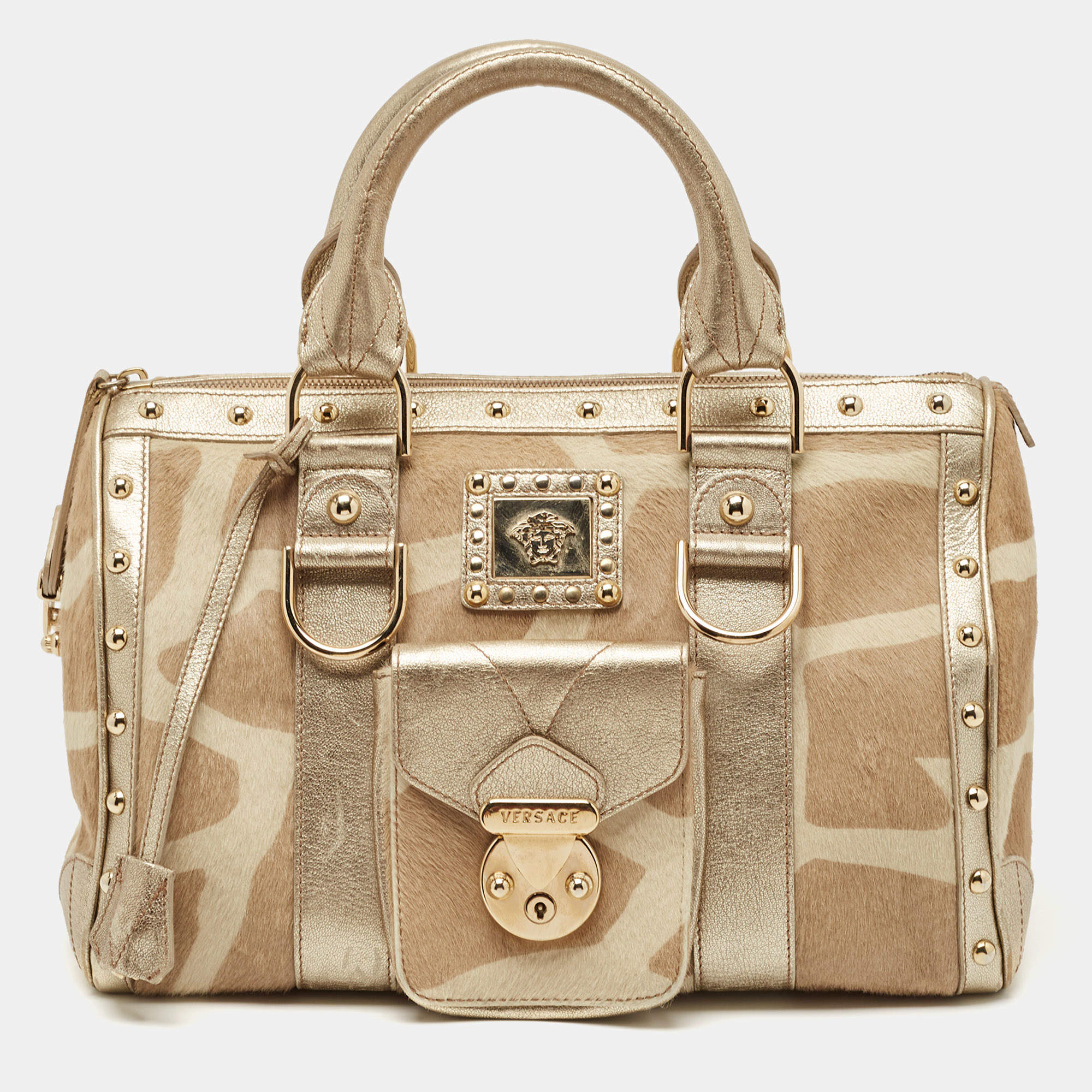 Versace Gold/Beige Calf Hair and Leather Snap Out Of It Satchel
