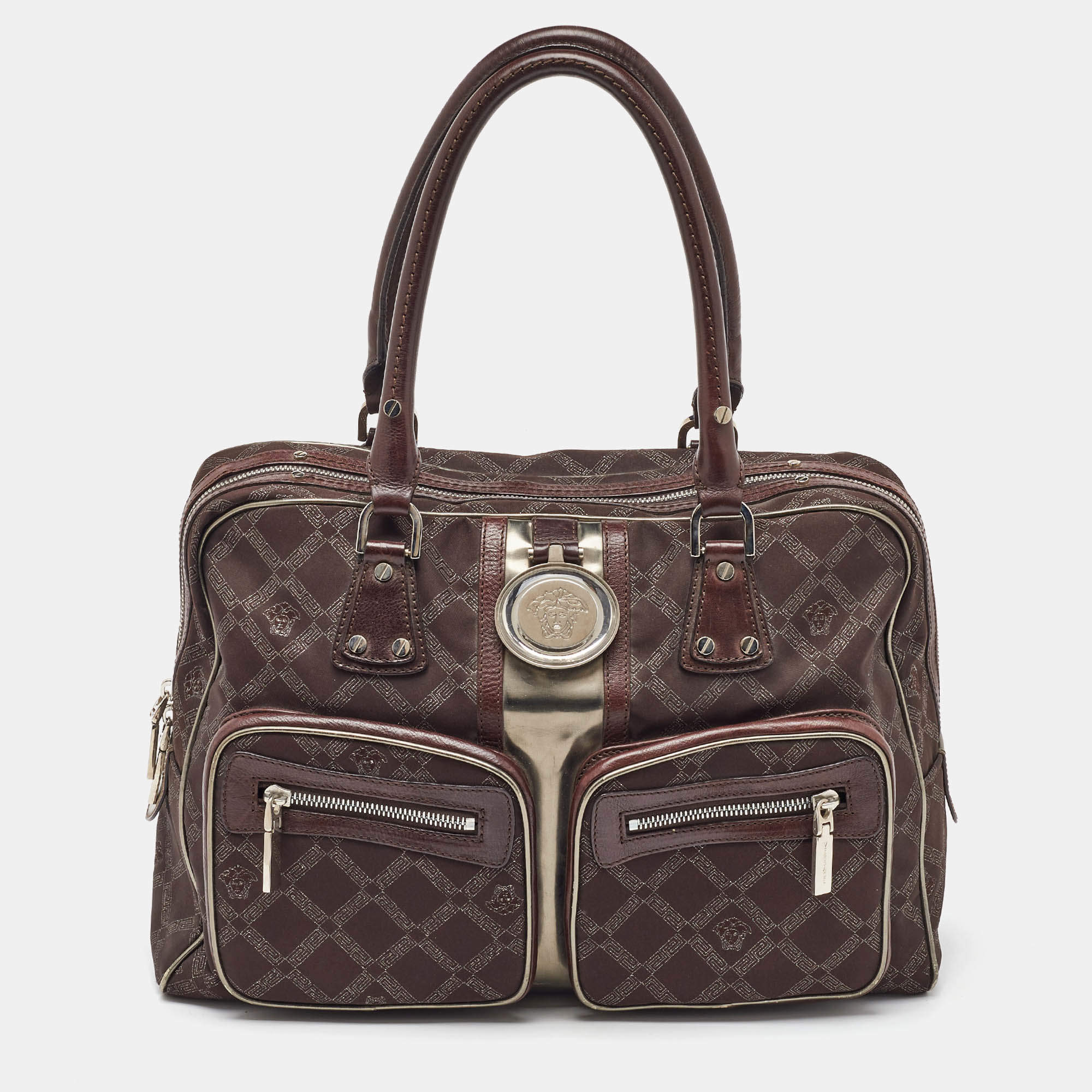 Versace Brown Signature Canvas and Leather Double Pocket Satchel