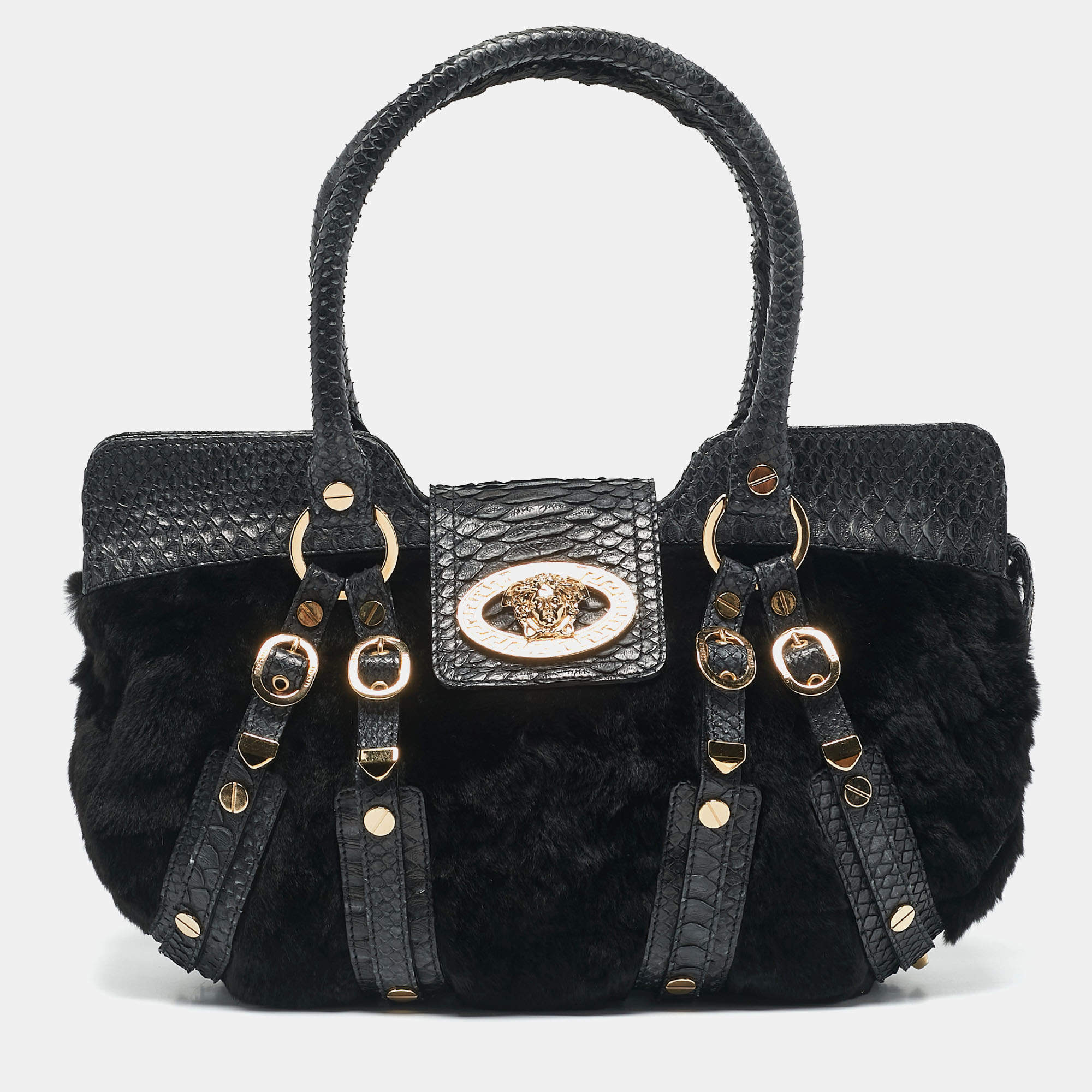 Versace Navy Blue Fur and Python Medusa Shoulder Bag