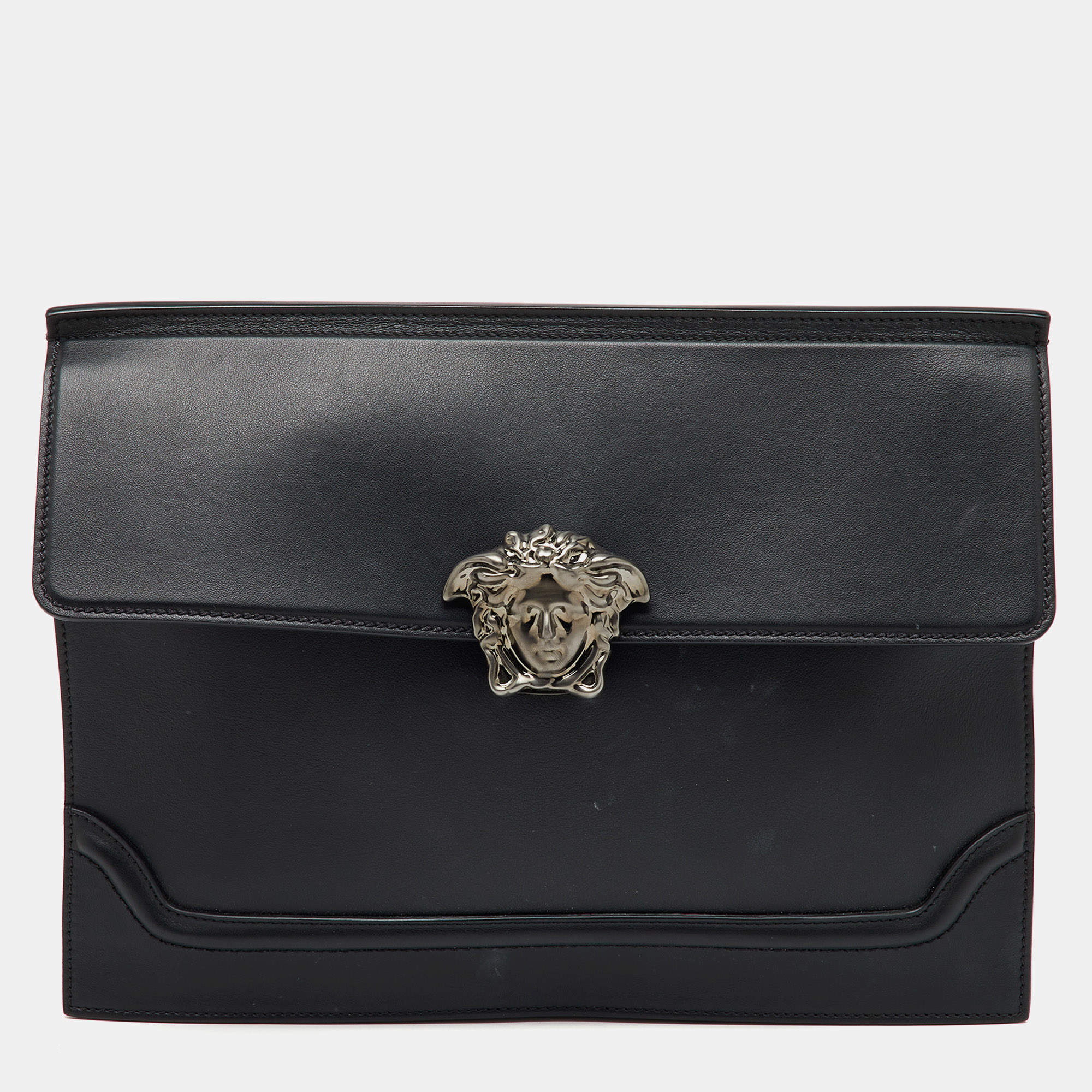 Pre Owned Versace Black Leather Medusa Flap Pouch Clutch