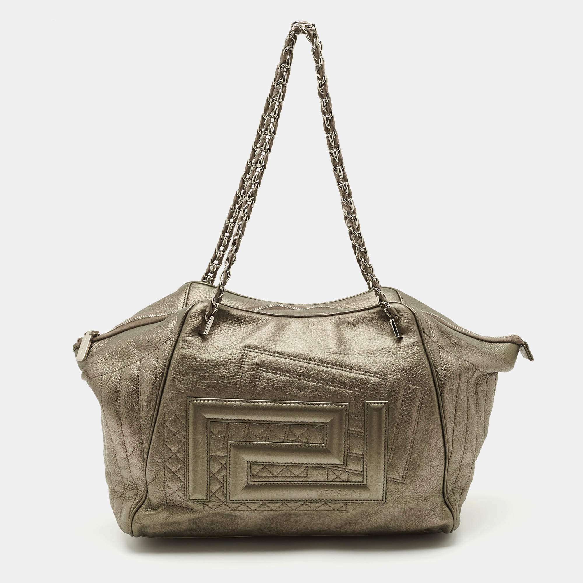 Versace Metallic Greca Embossed Leather Zip Chain Tote