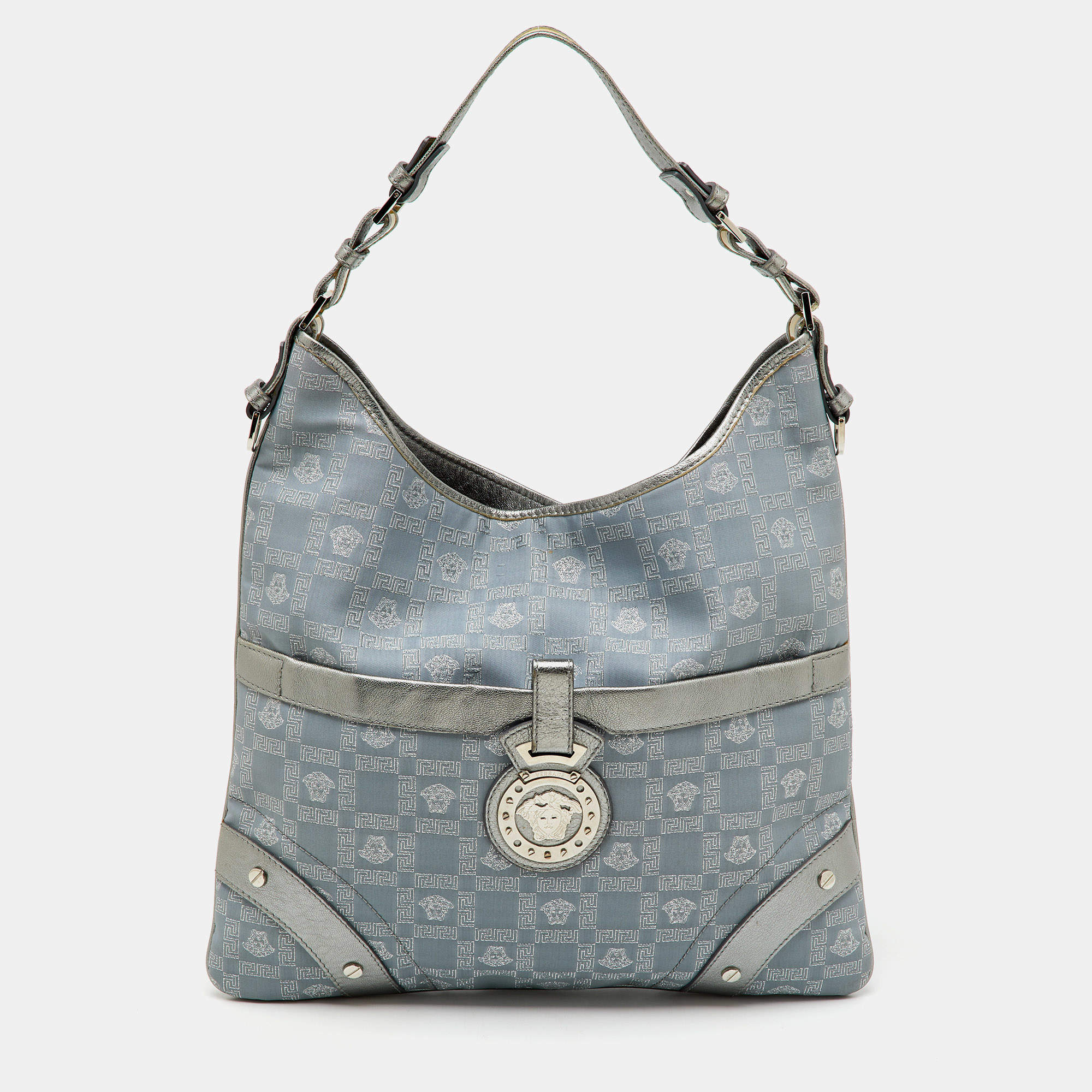 Versace Metallic Silver/Grey Signature Canvas and Leather Medusa Trim Shoulder Bag