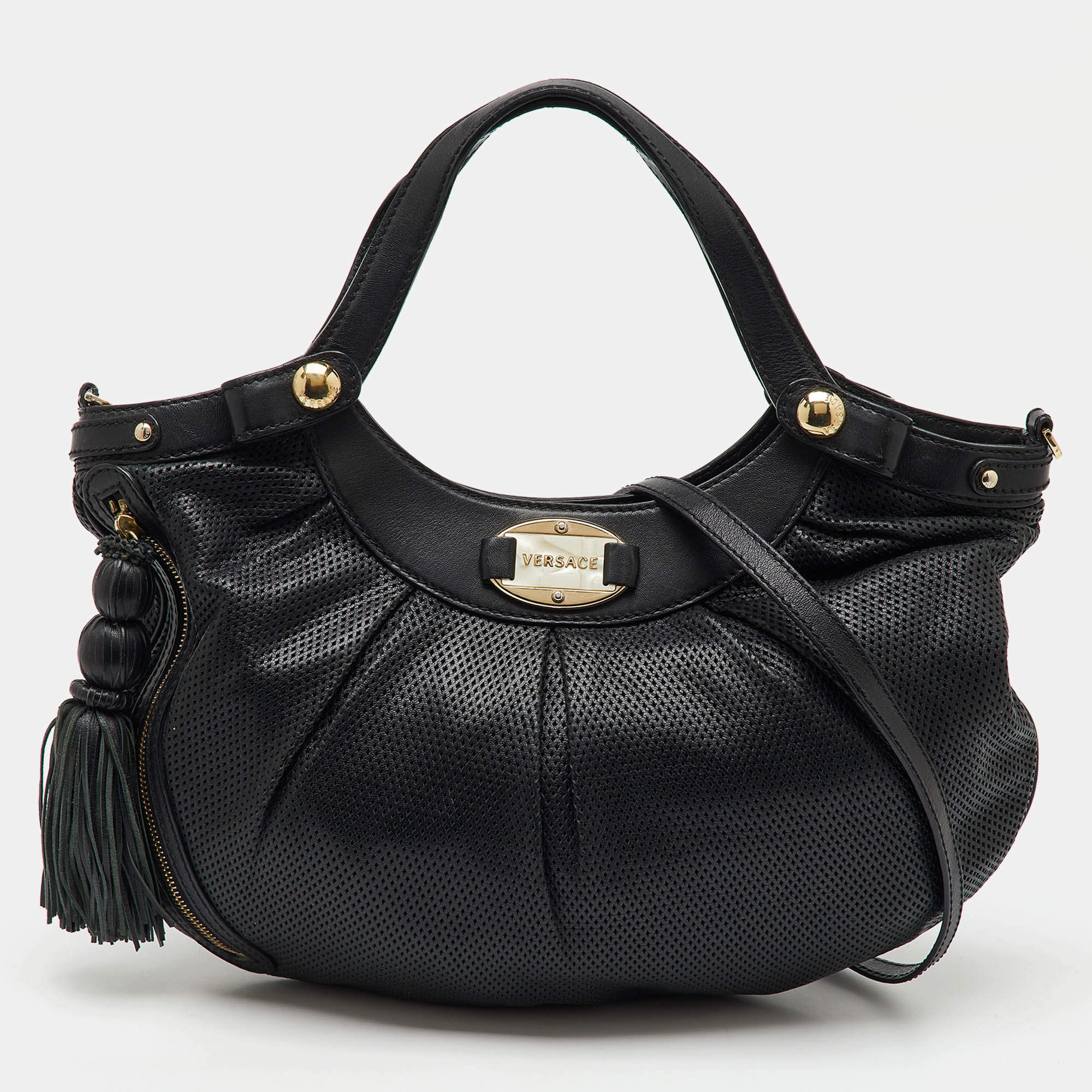 Versace Black Perforated Leather Tassel Shoulder Bag