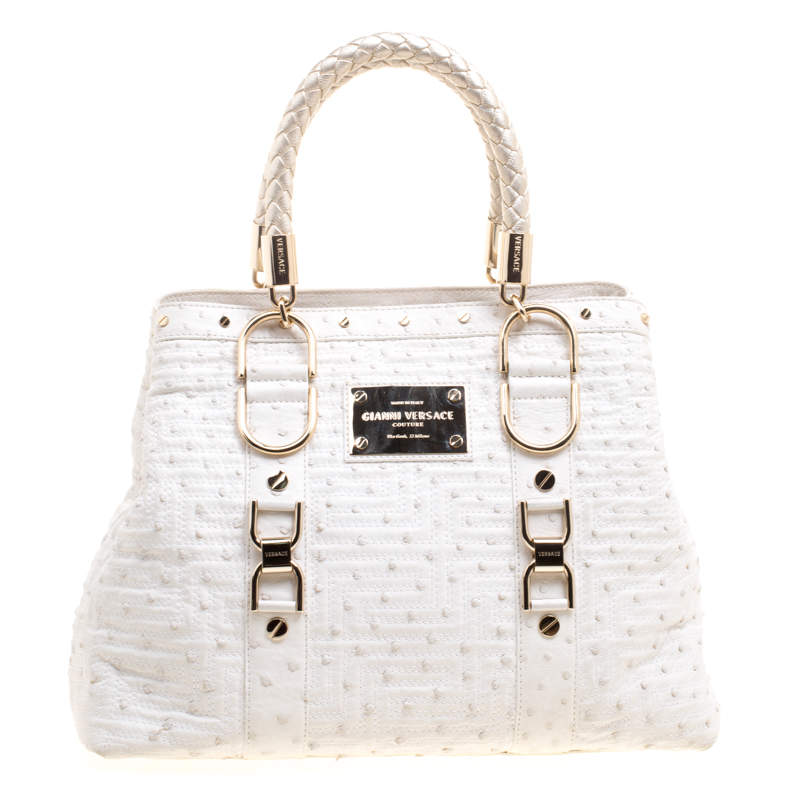 Versace White Ostrich Leather Snap Out Of It Tote