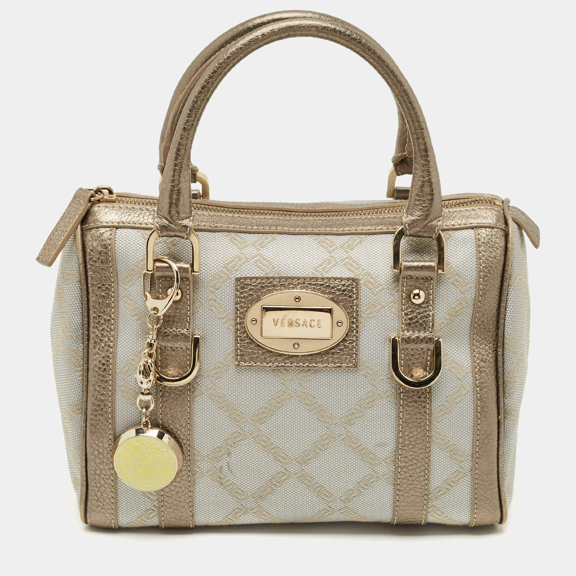 Pre Owned Versace Grey/Metallic Beige Jacquard Canvas and Leather Satchel