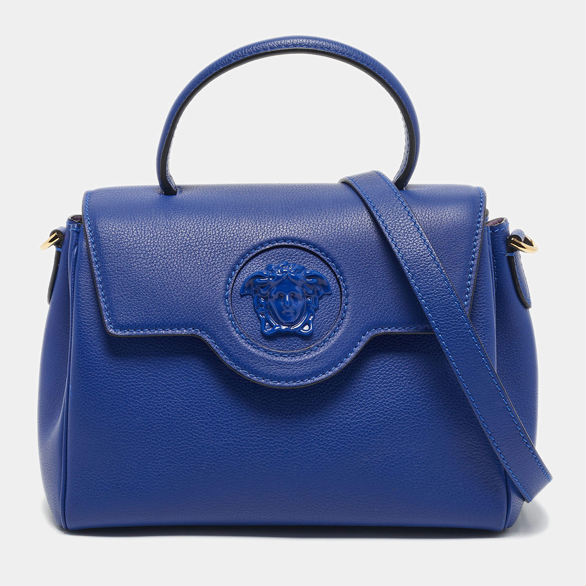 Pre Owned Versace Blue Leather La Medusa Top Handle Bag