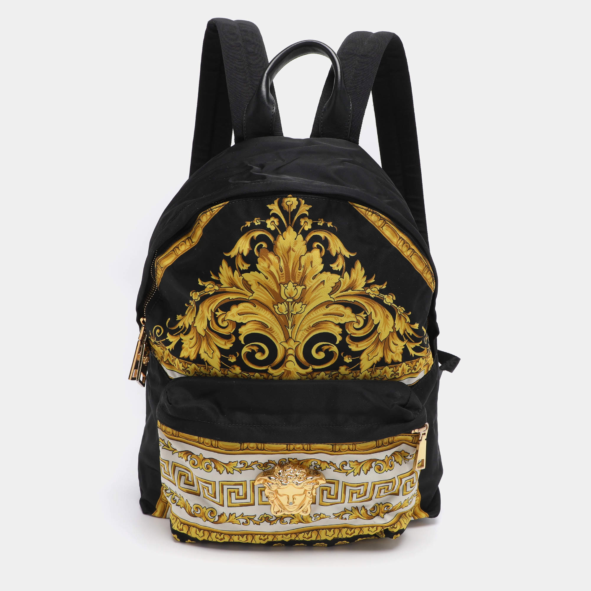 Pre Owned Versace Black/Yellow Medusa Print Nylon and Leather Backpack