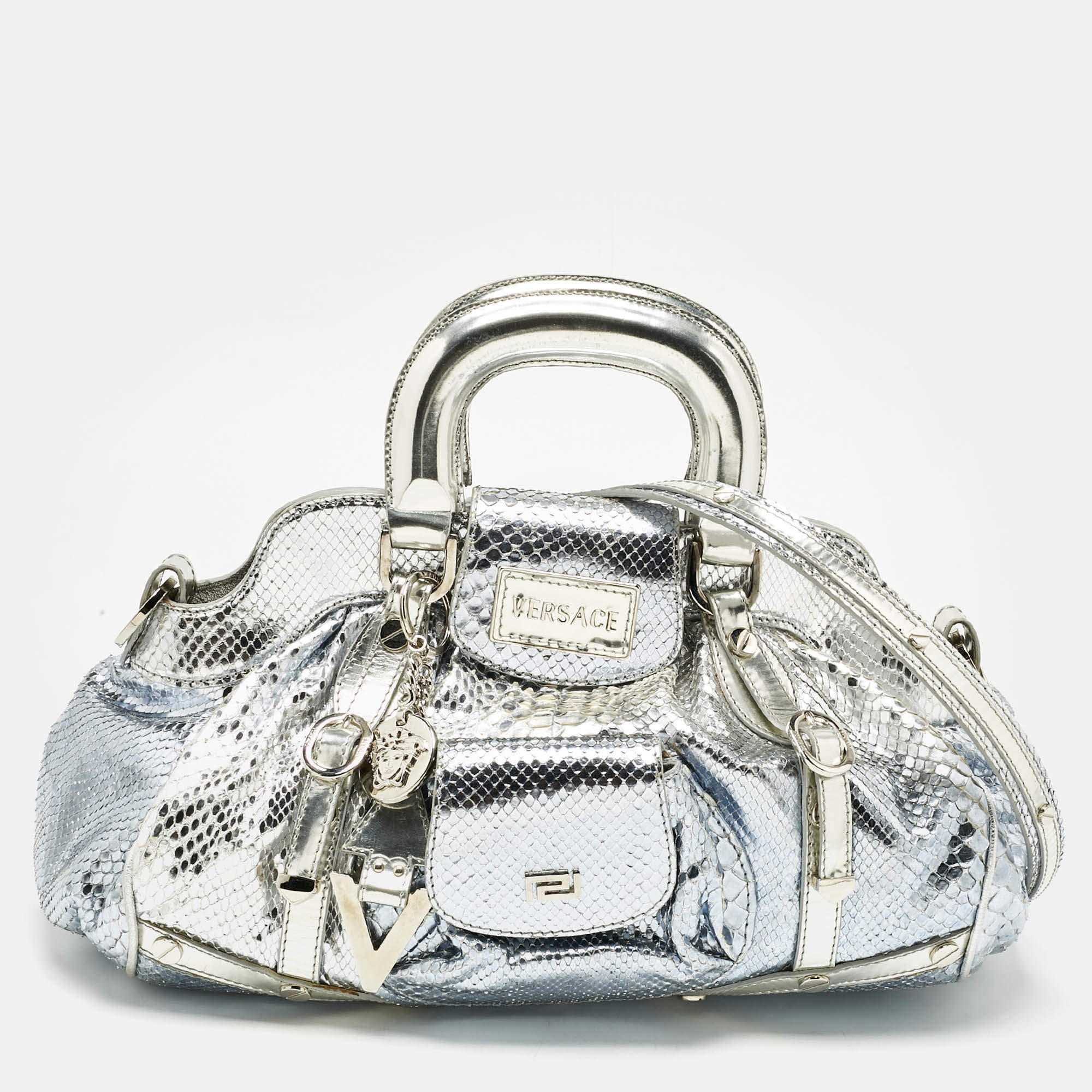 Pre Owned Versace Bluish Silver Python Frame Satchel