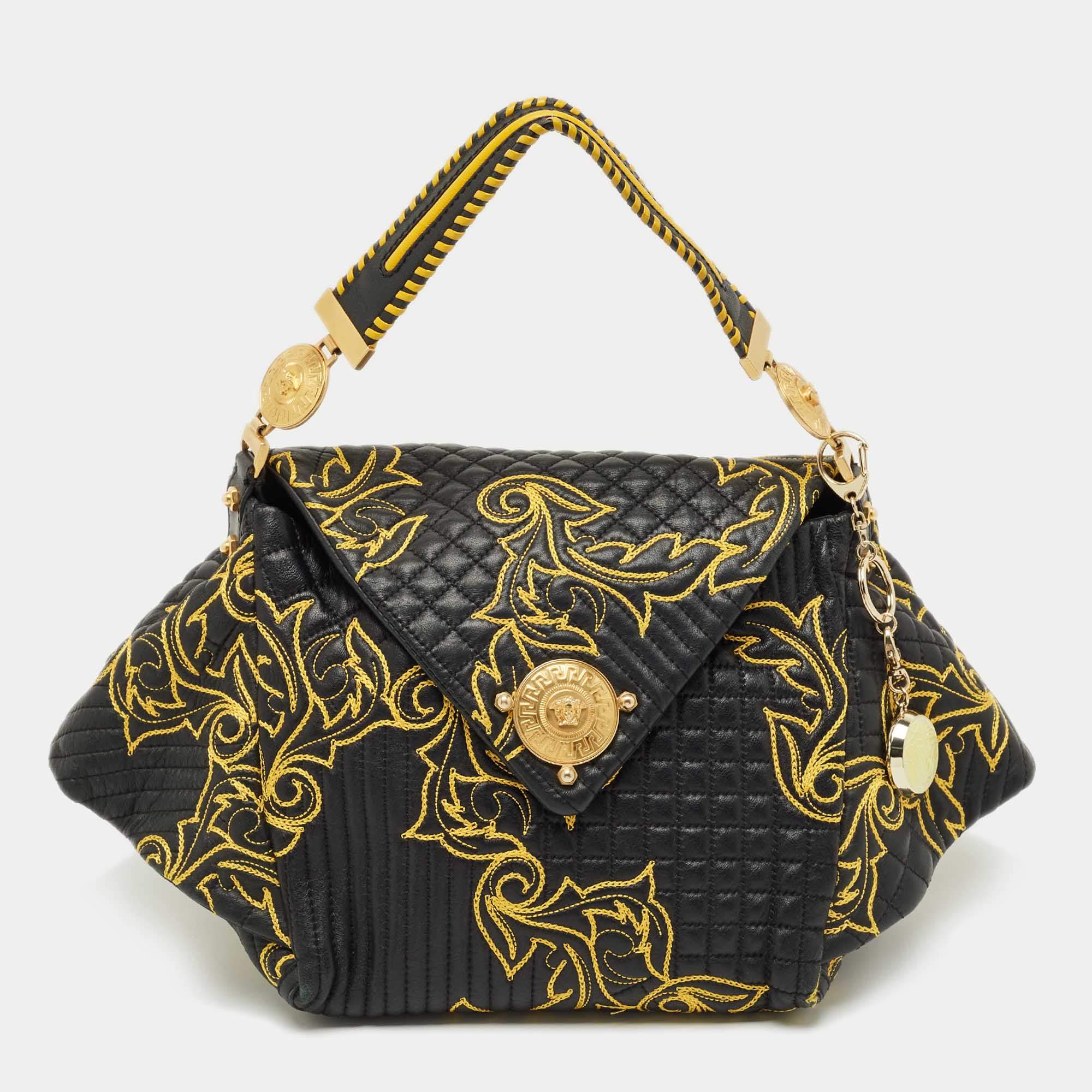 Pre Owned Versace Black/Yellow Mix Quilted Leather Embroidered Barocco Shoulder Bag