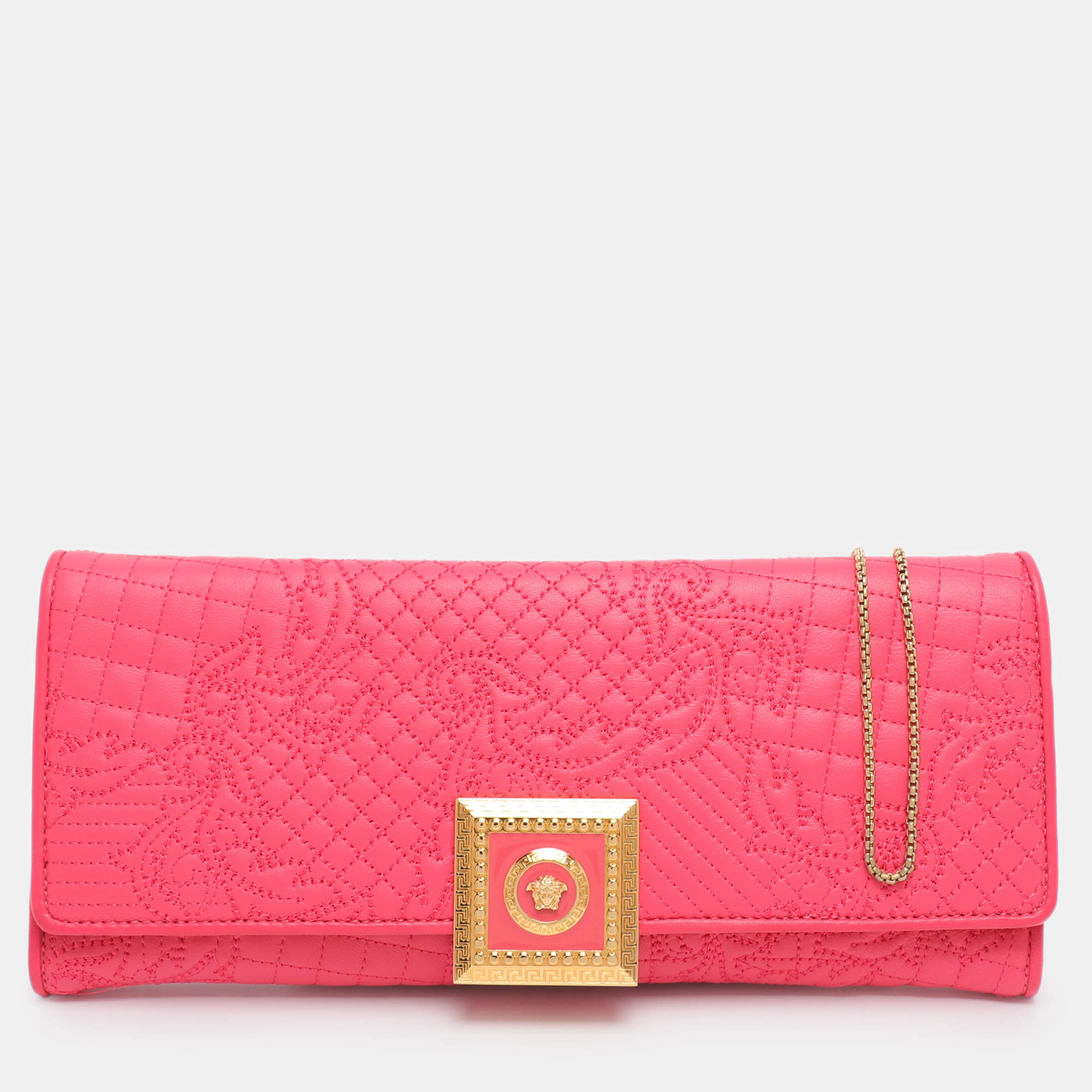 Pre Owned Versace Pink Leather Vanitas Chain Clutch