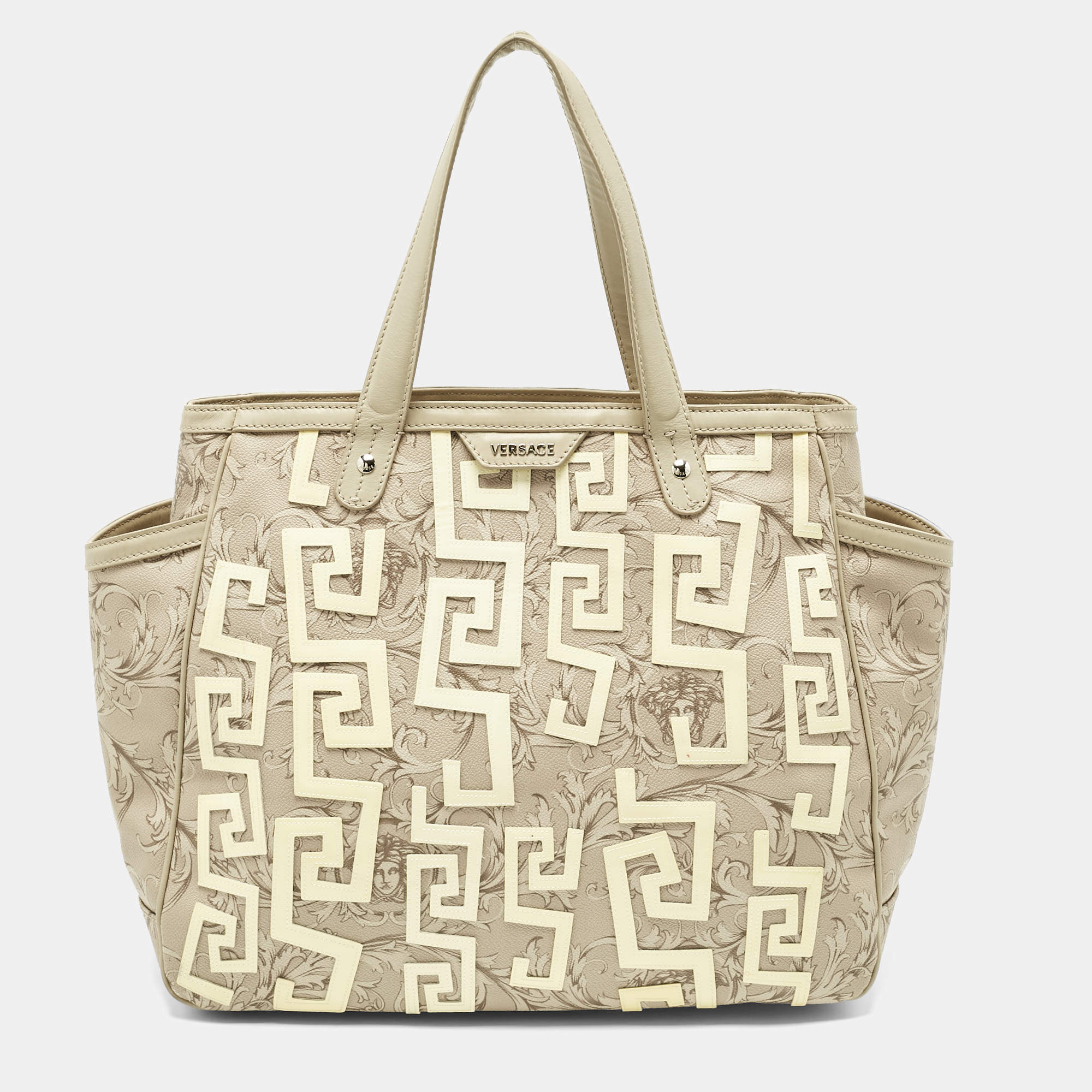 Pre Owned Versace Beige/Cream Coated Canvas and Leather Barocco Tote