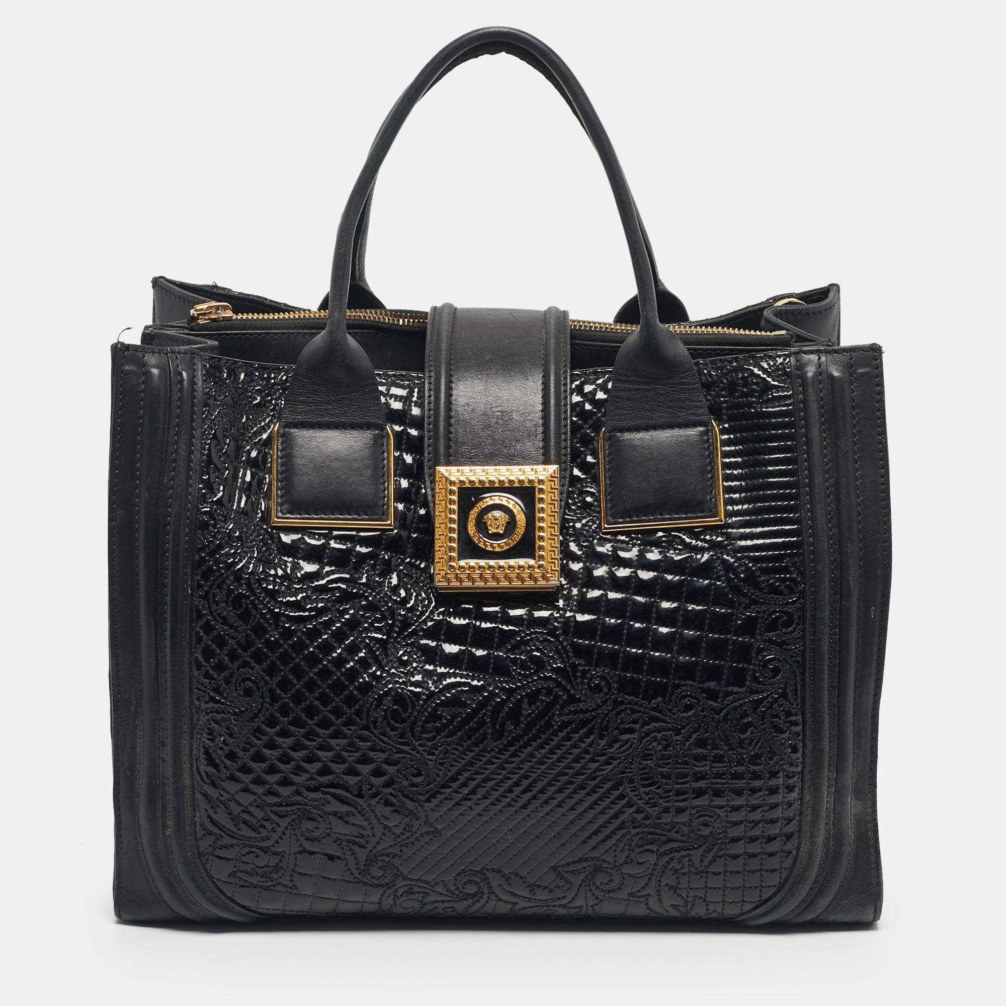 Pre Owned Versace Black Leather and Patent Leather Vanitas Icon Tote