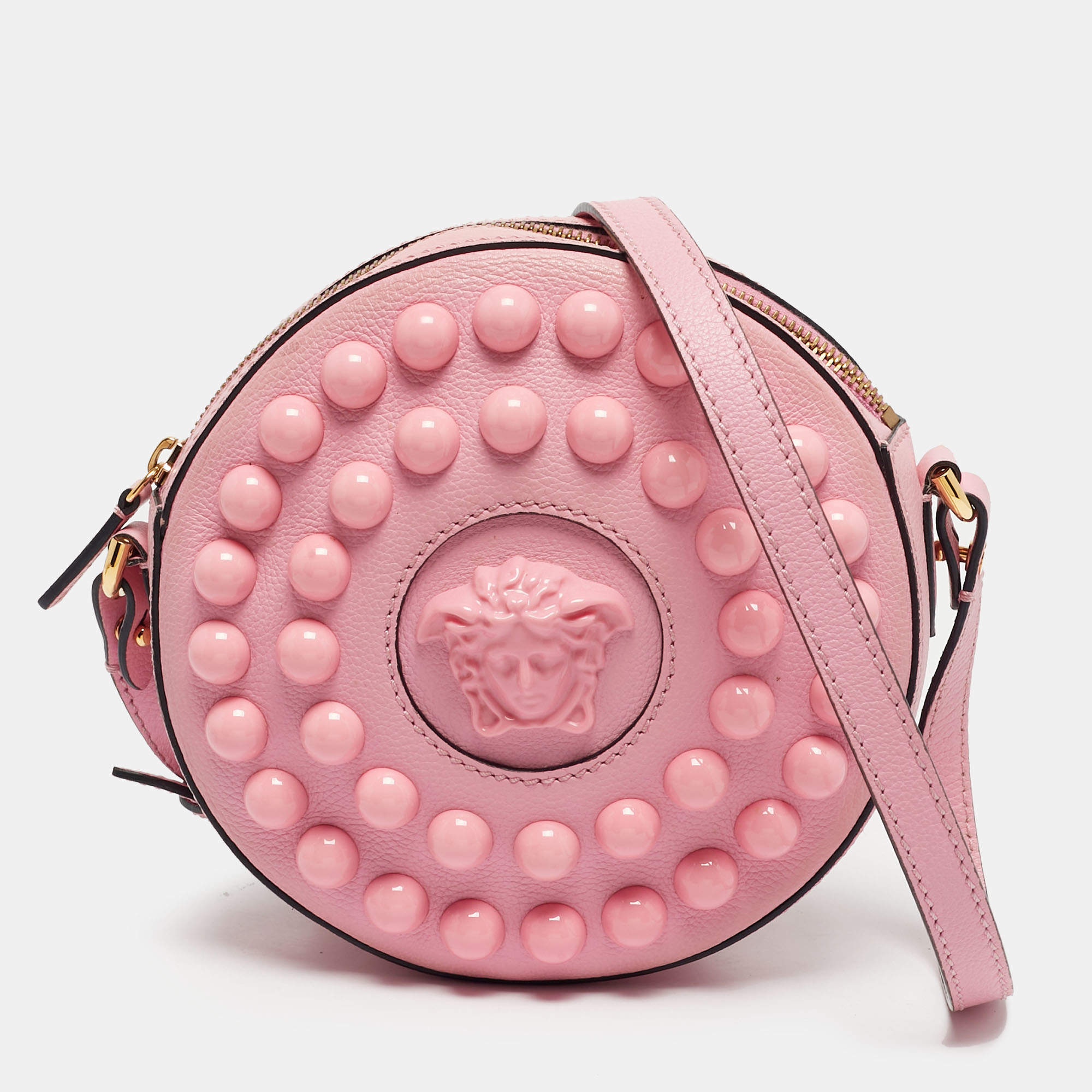 Pre Owned Versace Pink Leather La Medusa Round Crossbody Bag