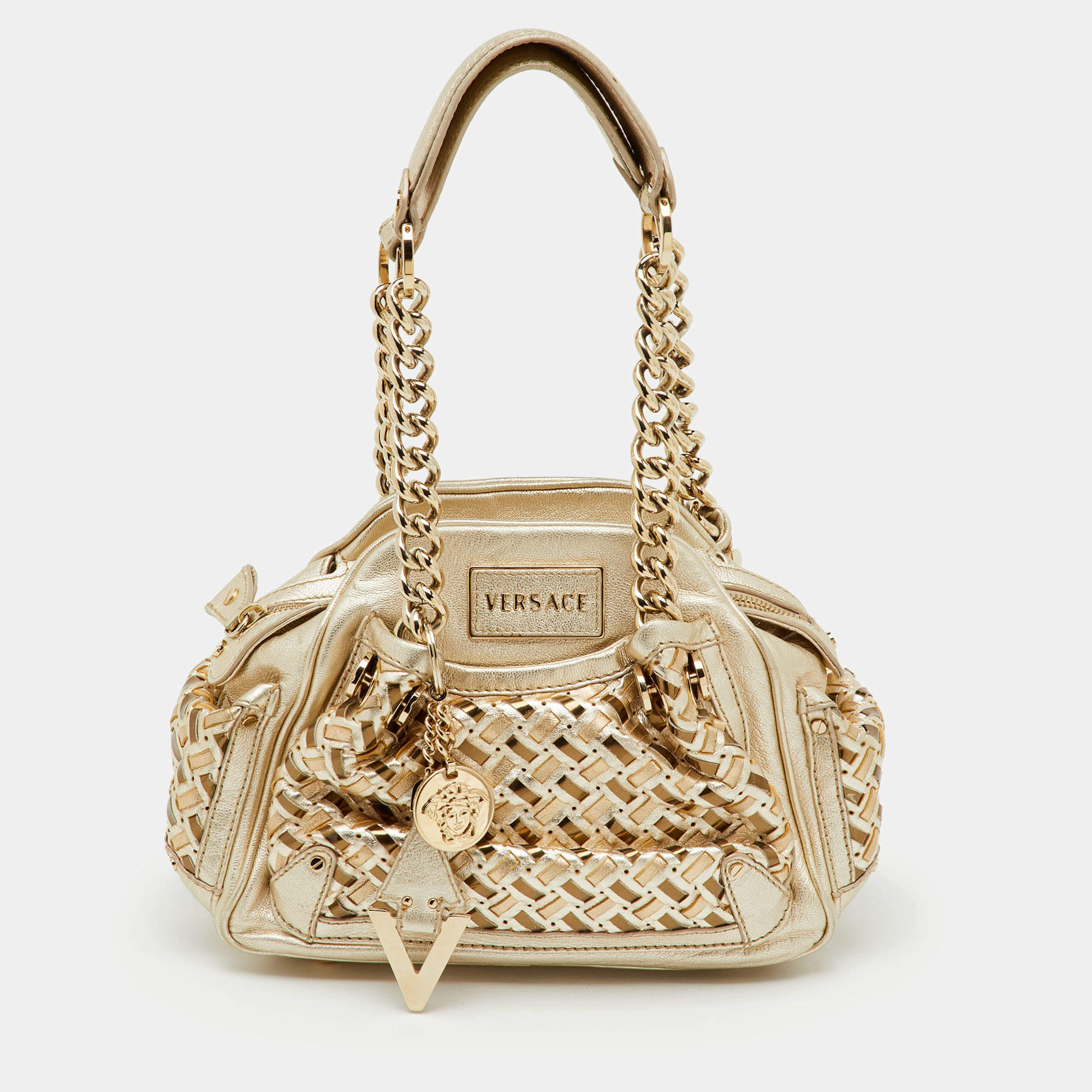 Pre Owned Versace Metallic Gold Woven Leather Chain Link Satchel