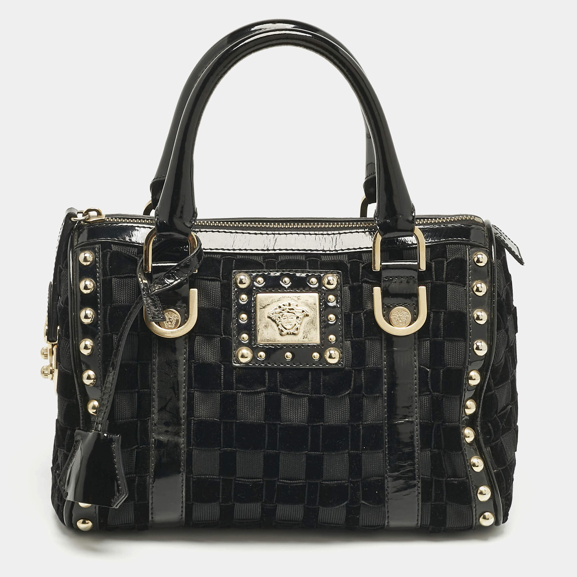 Pre Owned Versace Black Woven Velvet and Patent Leather Small Studded Snap Out Of It Satchel