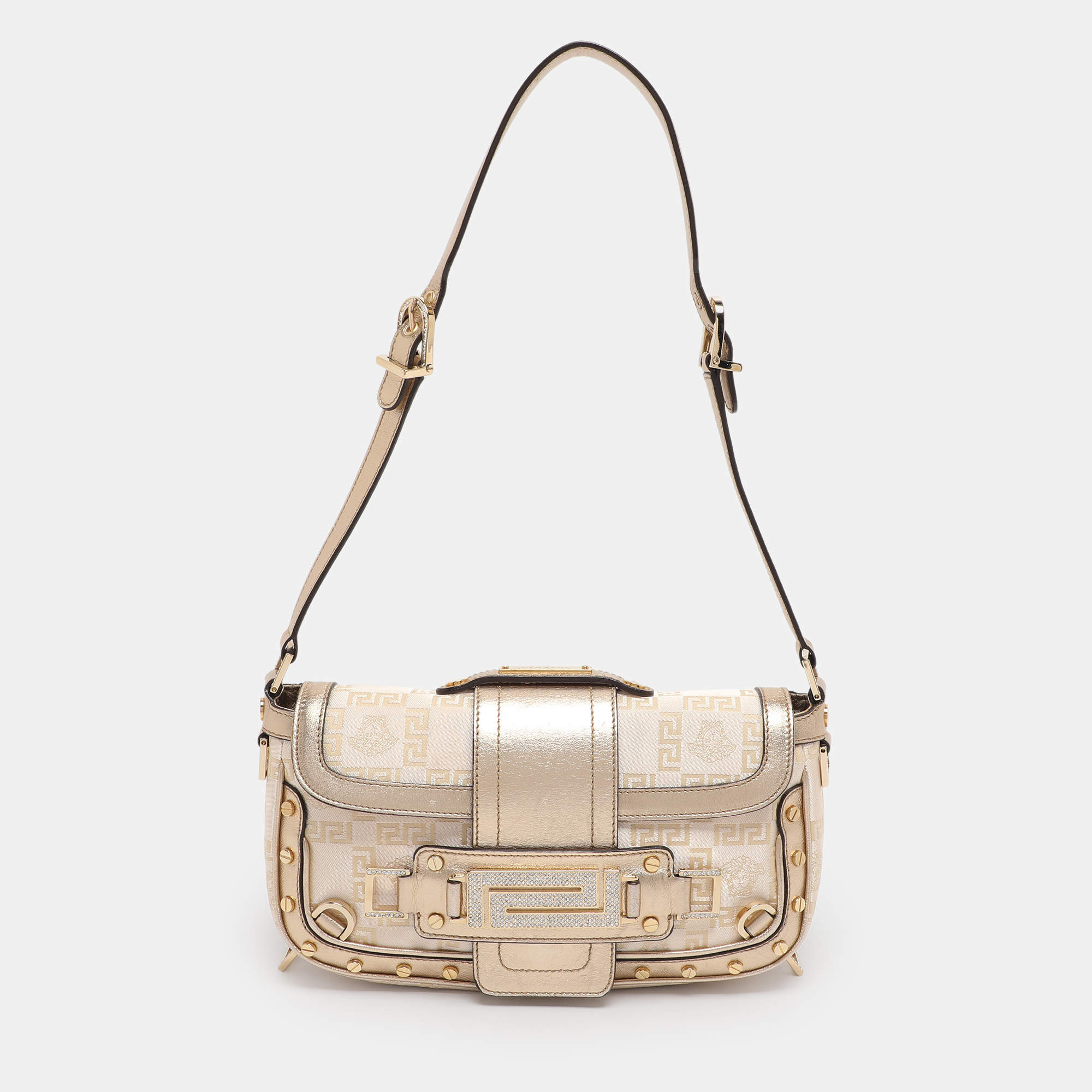 Pre Owned Versace Metallic Canvas and Leather Crystal Embellished Shoulder Bag