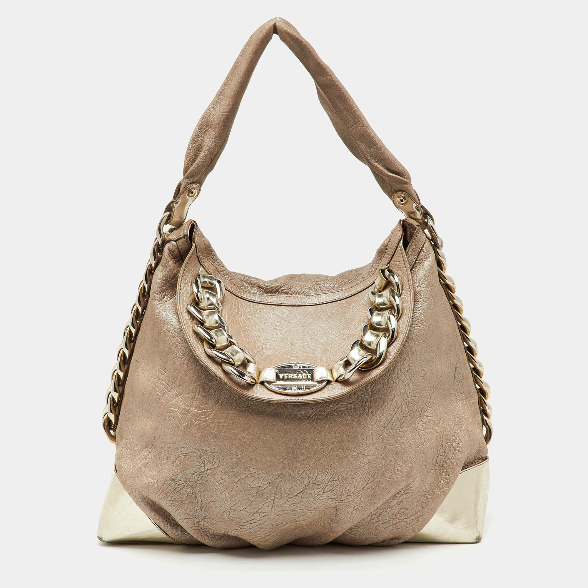 Pre Owned Versace Metallic Beige/Gold Leather Chain Link Flap Hobo