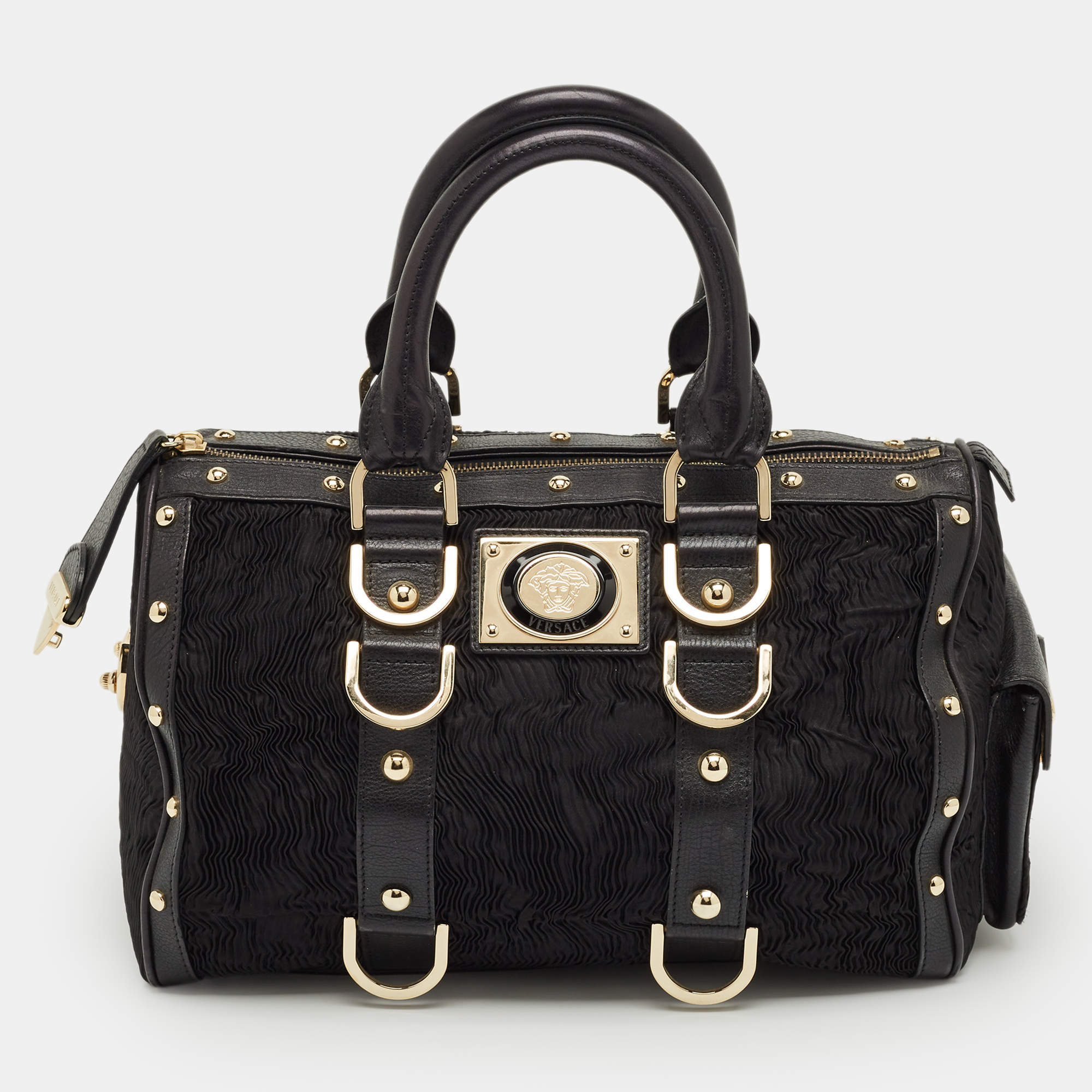 Pre Owned Versace Black Satin and Leather Plisse Snap Out Of It Satchel